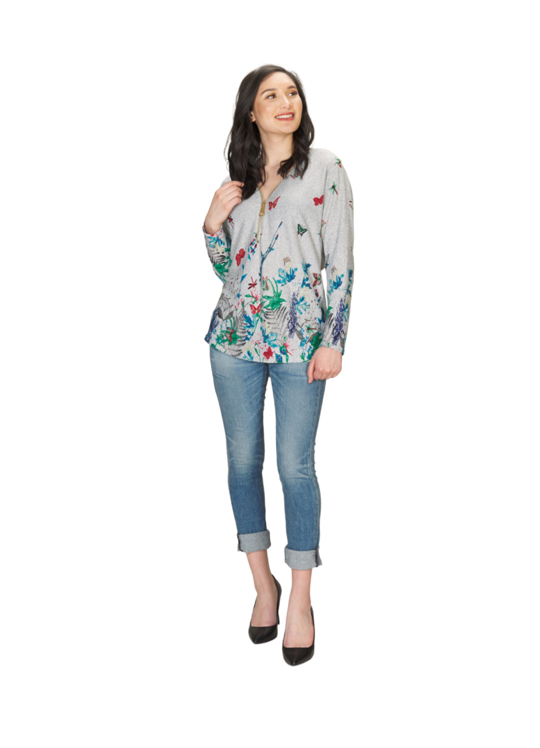 GREY Butterfly Printed Sweater with Zip Detail