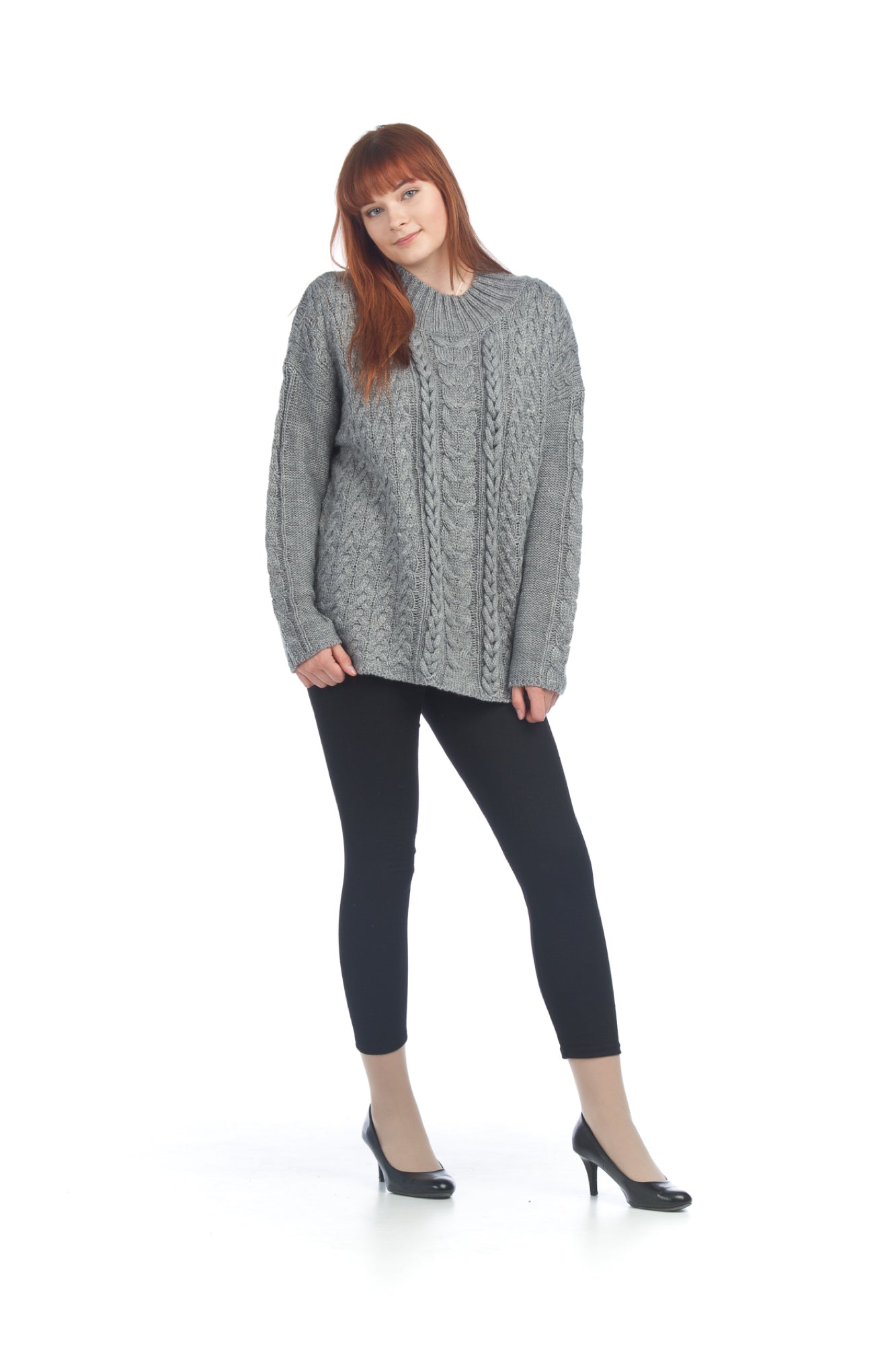 GREY Mock Neck Sweater w Thick Cable Knit Design