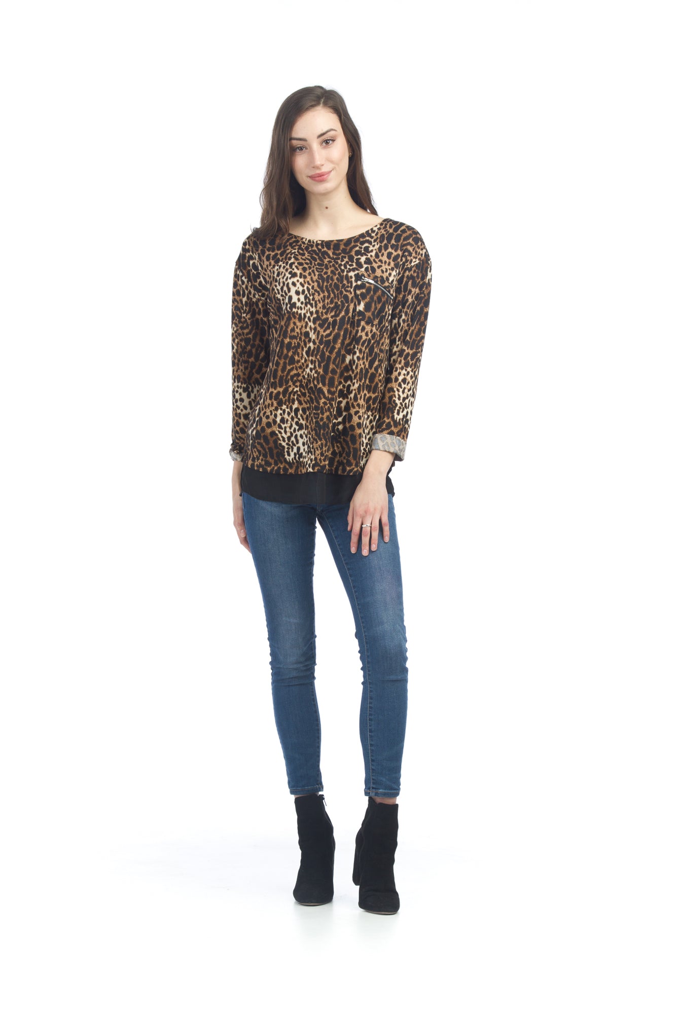 BROWN Leopard Print Sweater with Underlay and Zip Detail