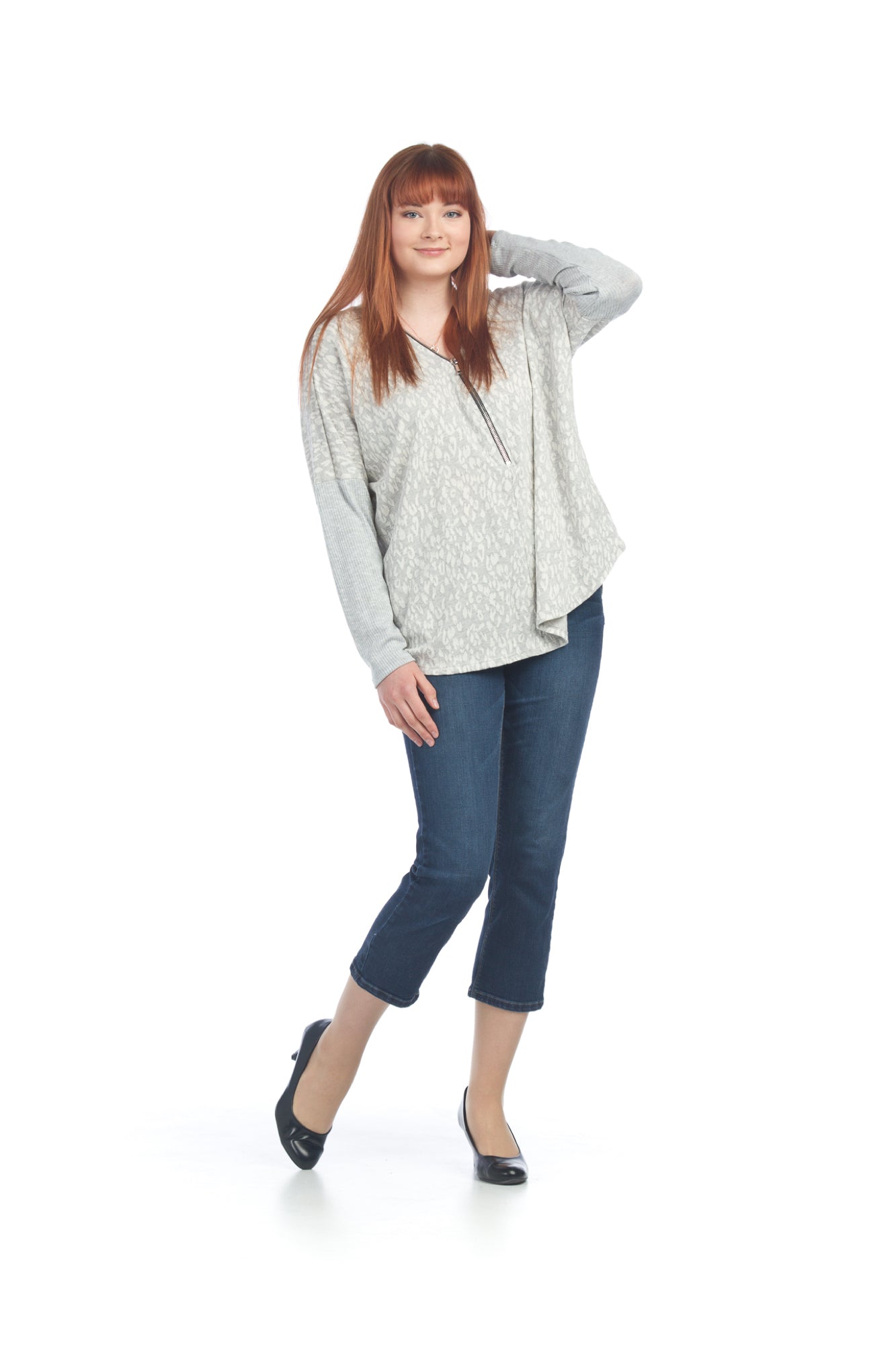 GREY Leopard Print Top w zip Detial & Rib Sleeves