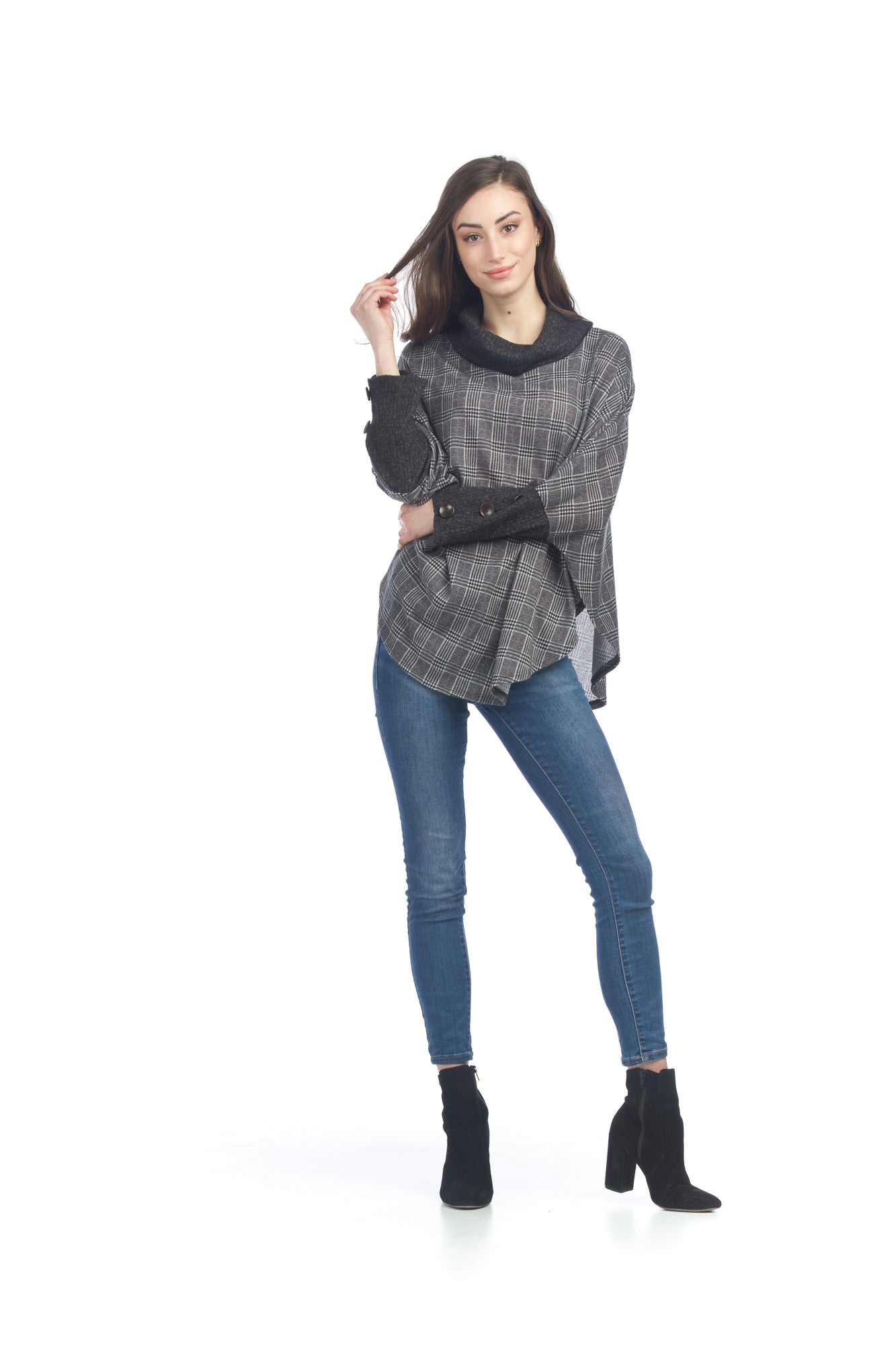 GREY Soft Plaid with Button Rib Sleeve Cowl Neck Poncho