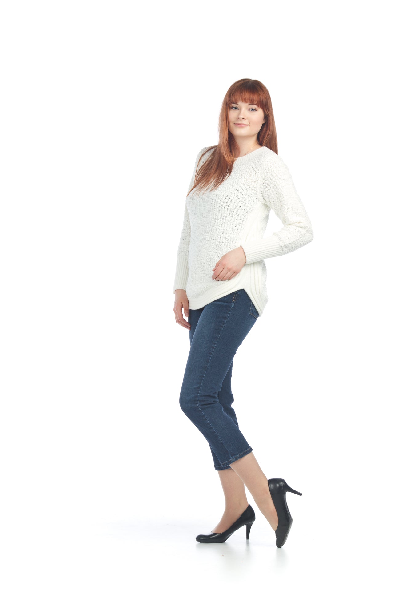 WHITE Shirt Hem Long Sleeve Sweater