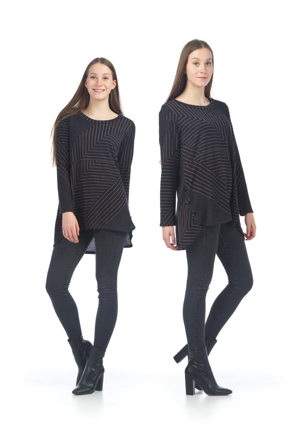 BROWN Geo A-Line Tunic with Side Button Detail