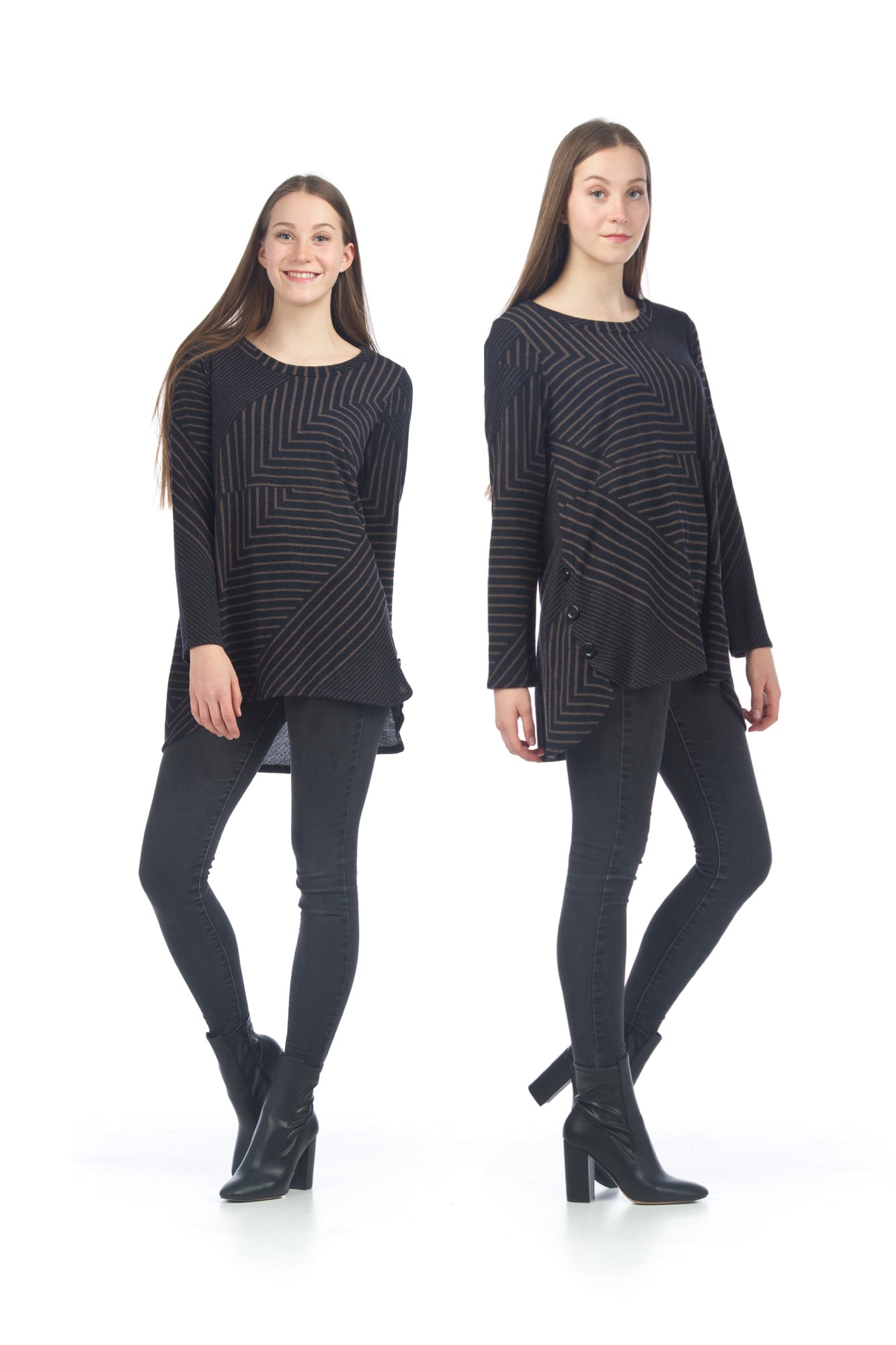 BROWN Geo A-Line Tunic with Side Button Detail