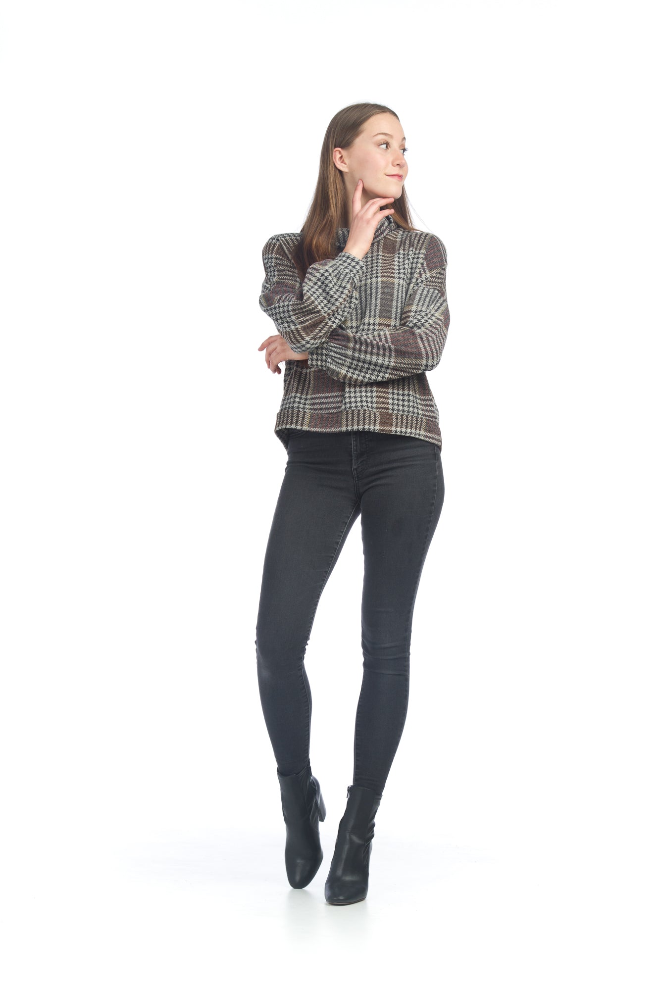 BROWN Plaid Bishop Sleeve Sweater with Cowl Neck