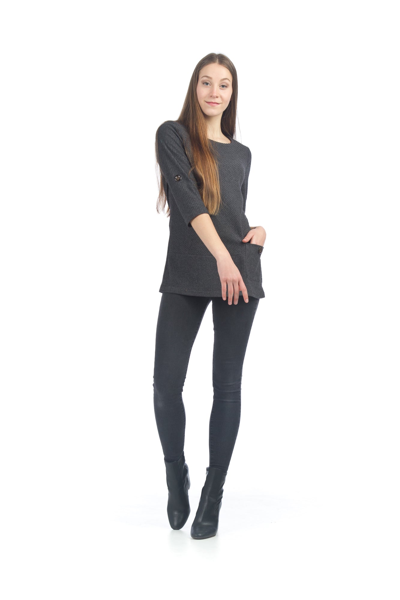 CHARC Rib Design Tab Sleeve Sweater Top with Pocket