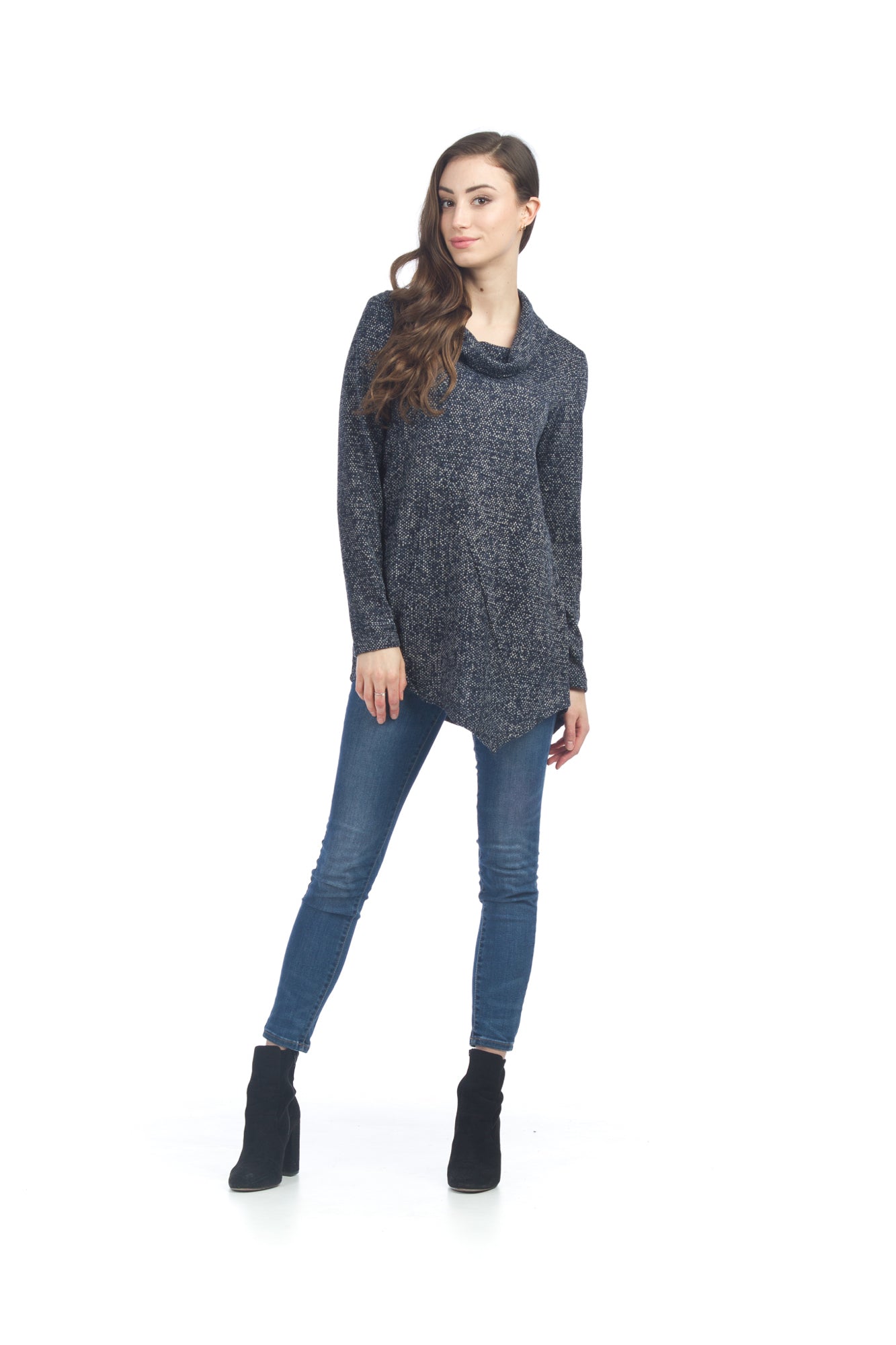 NAVY Tweed Angle Hem Sweater Top with Cowl Neck