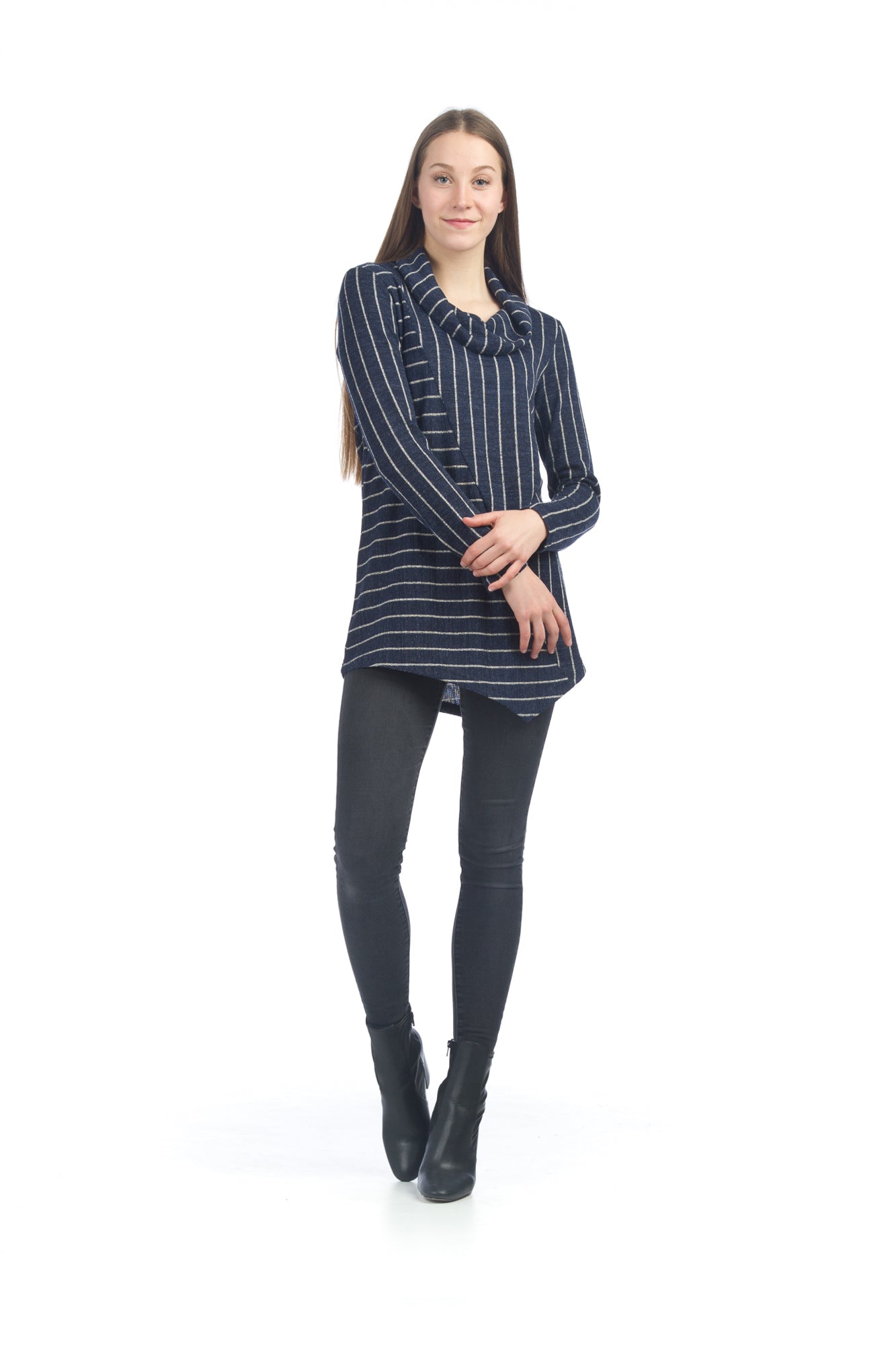 NAVY Striped Angle Sweater Top with Cowl Neck