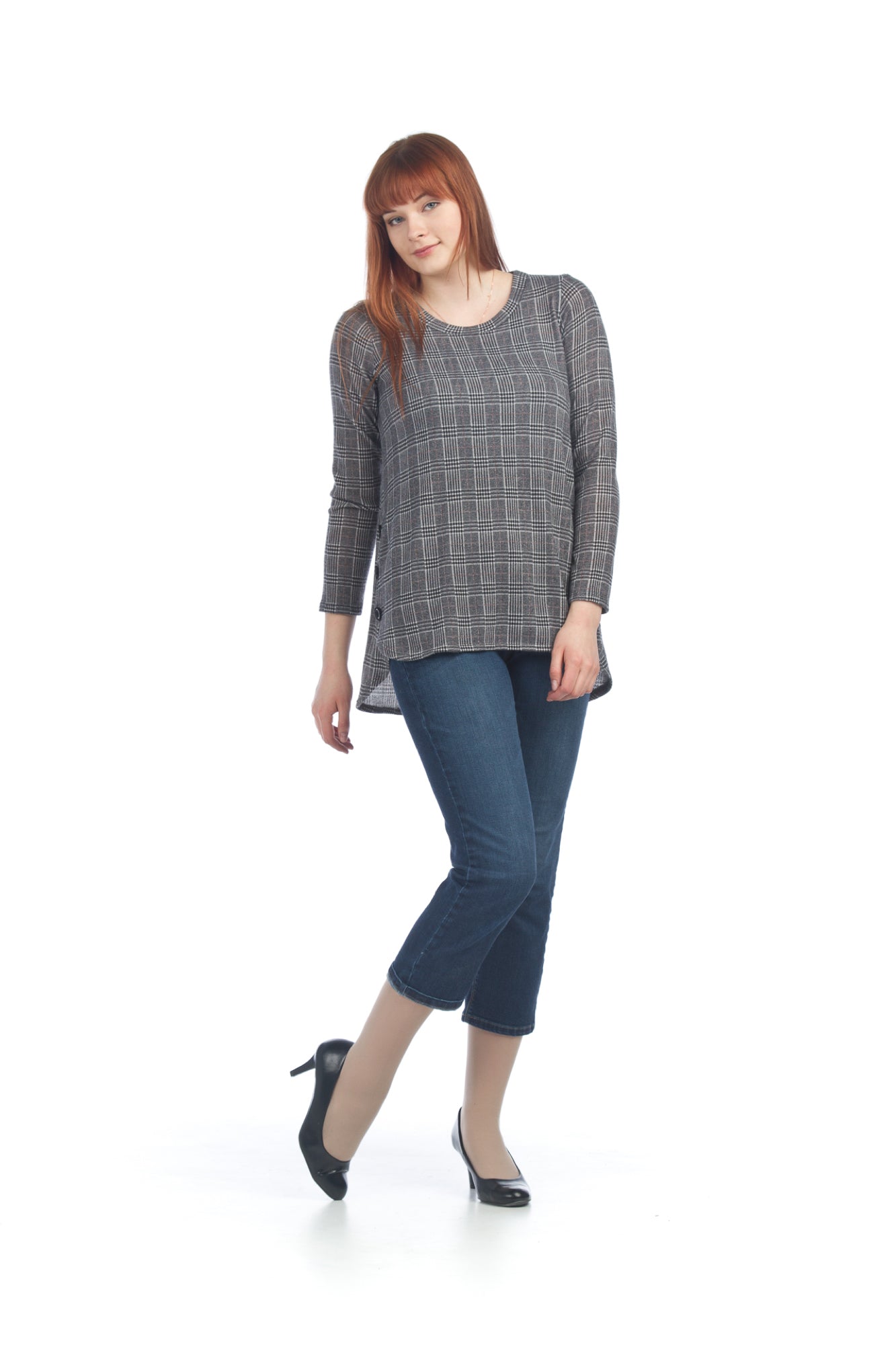 GREY Plaid Long Sleeve Tunic with Button Detail