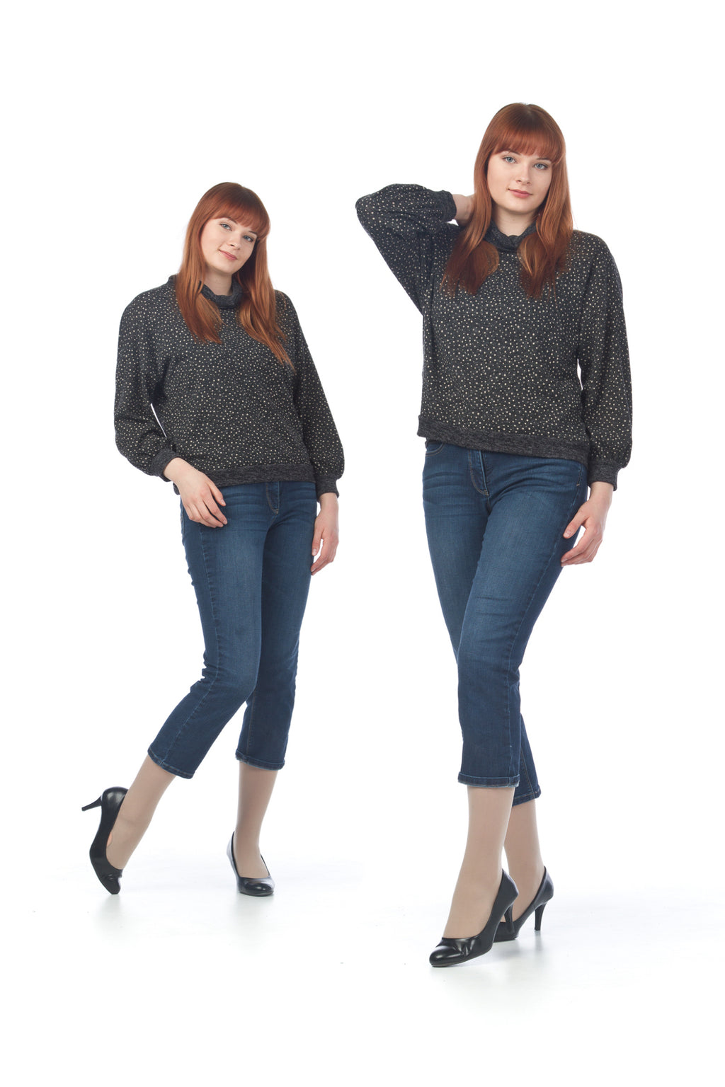 NAVY Spotted Sweater with Bishop Sleeve
