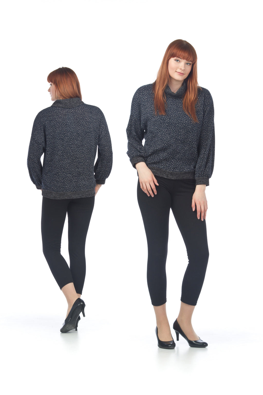 NAVY Spotted Sweater with Bishop Sleeve