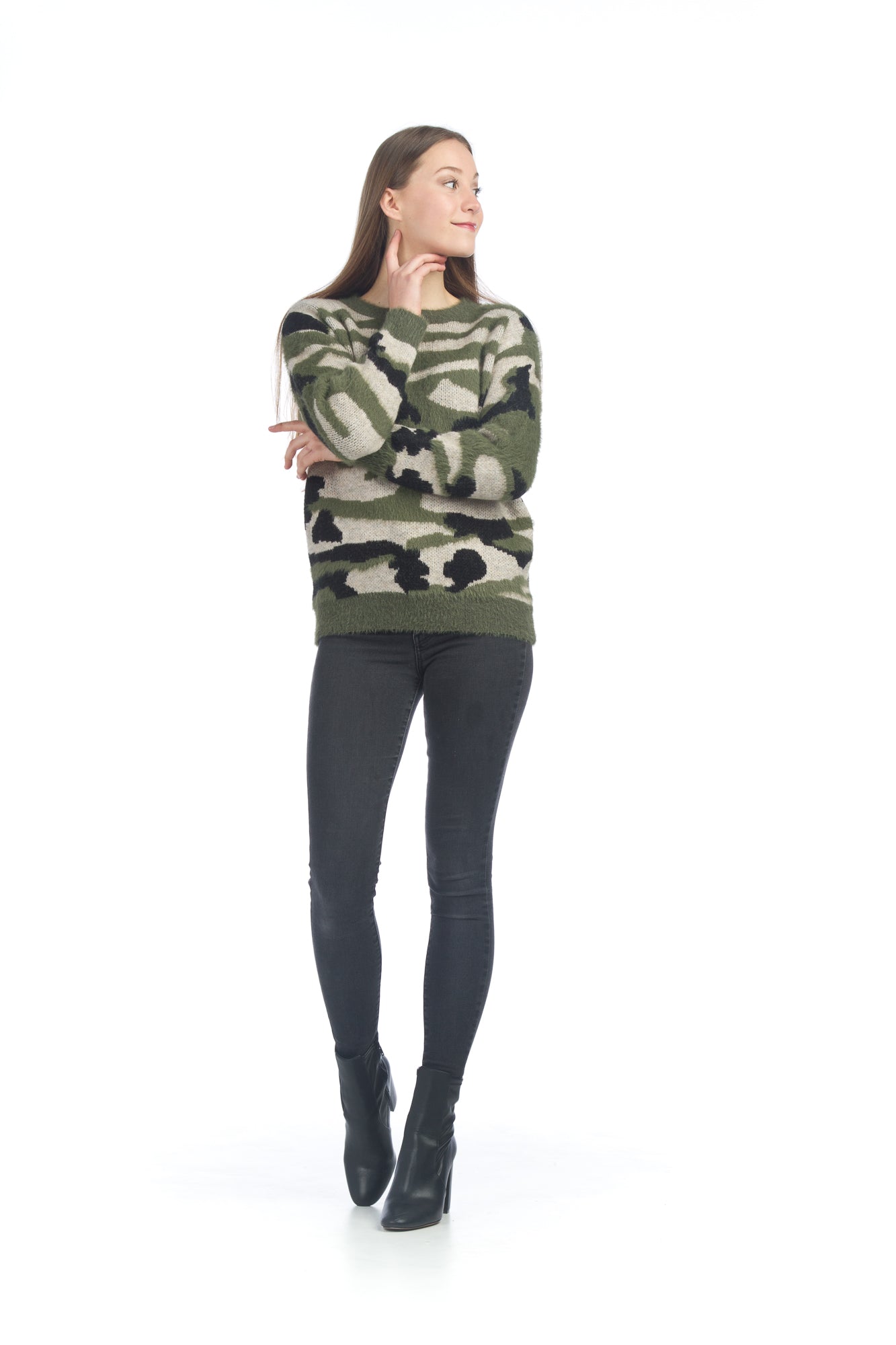 GREEN Fuzzy Camo Crewneck Sweater