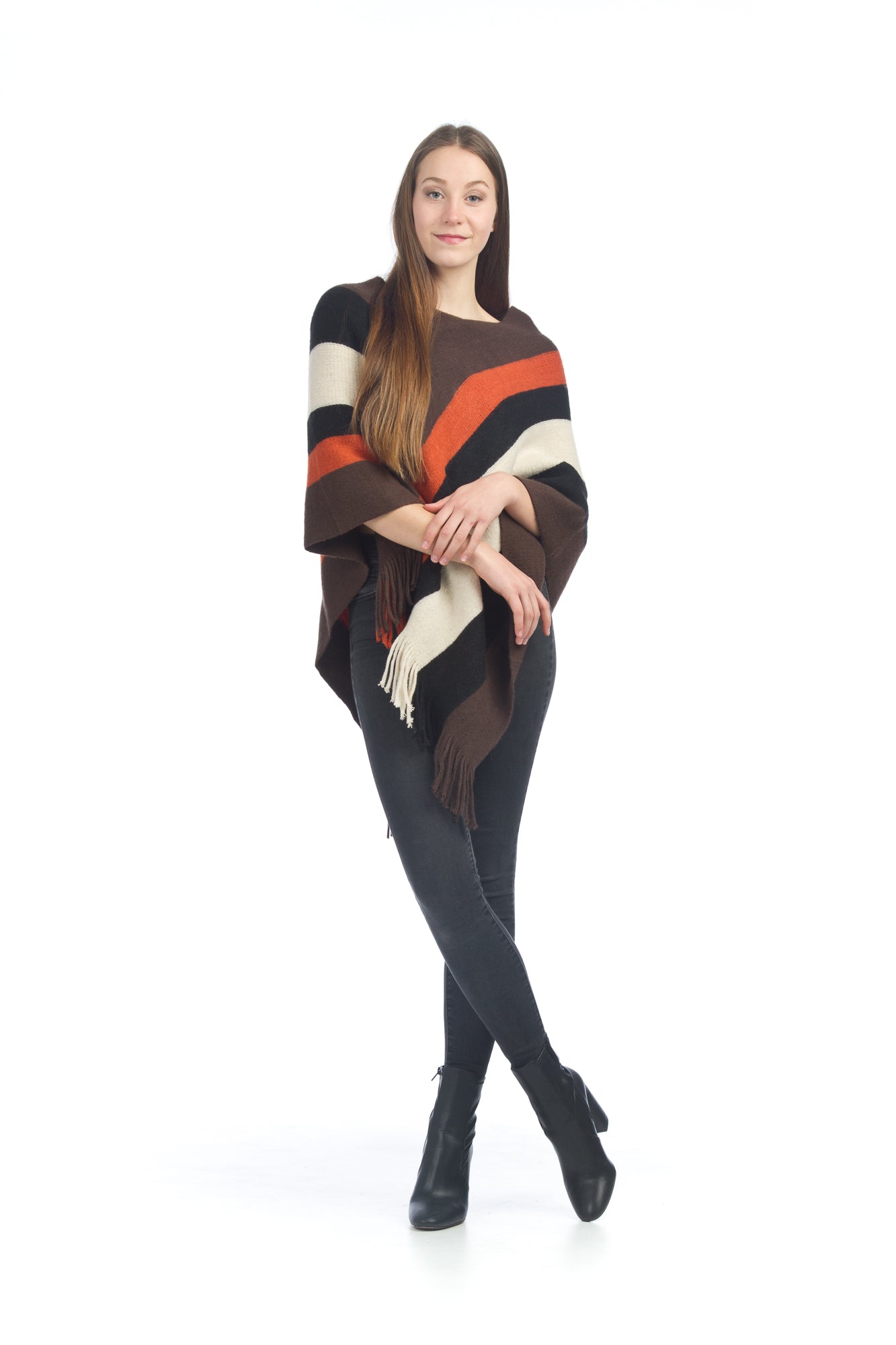 BROWN Multi Stripe Poncho with Fringe