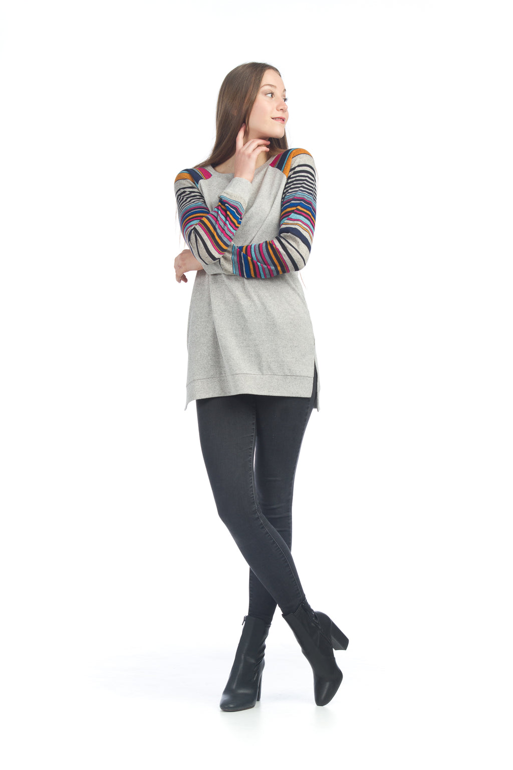 GREY Step Hem Tunic with Multi Striped Sleeves