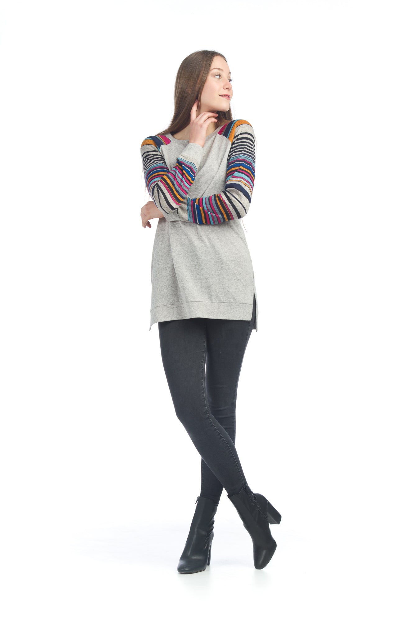 GREY Step Hem Tunic with Multi Striped Sleeves