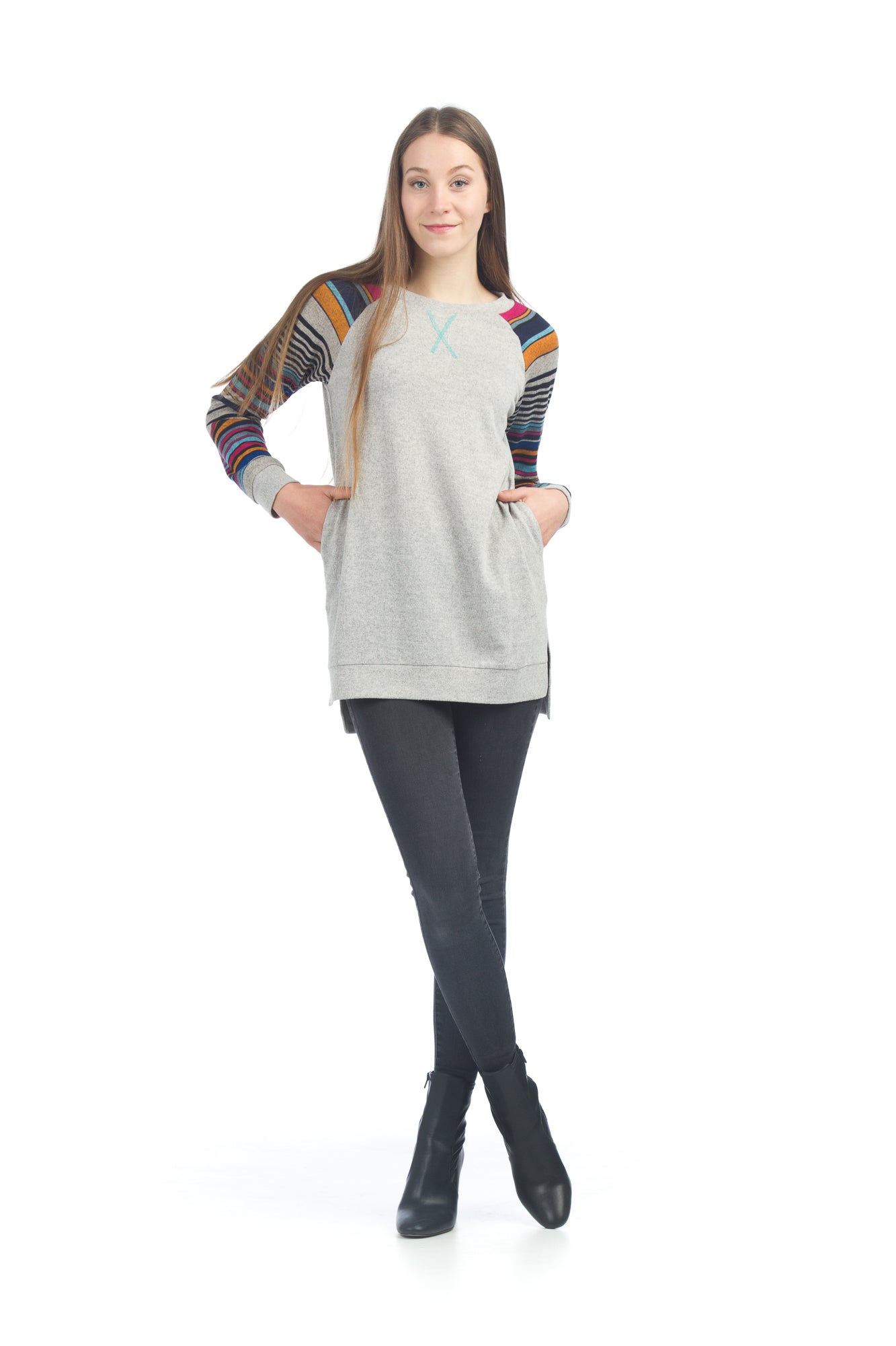 GREY Step Hem Tunic with Multi Striped Sleeves