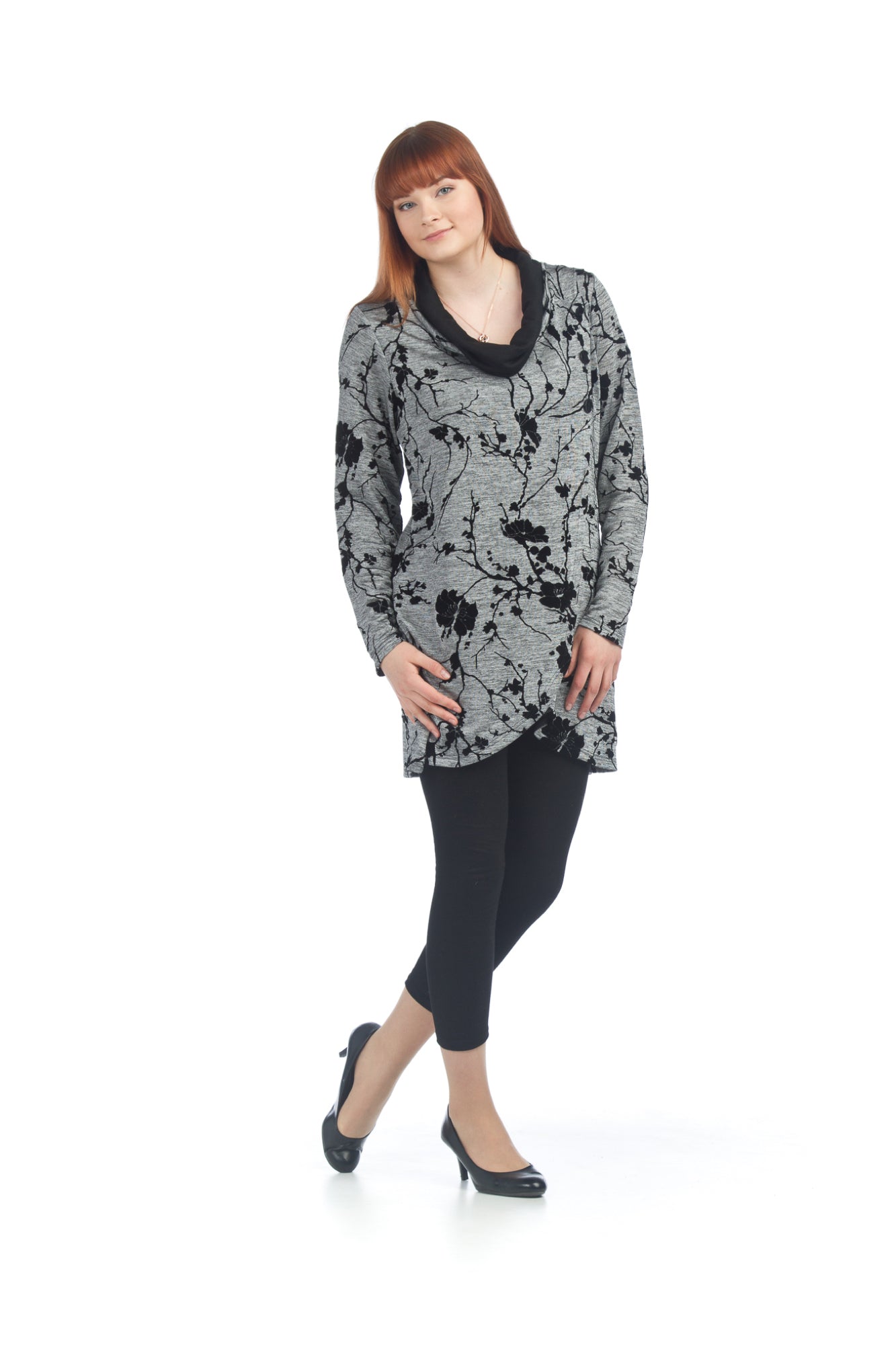 BLKGR Velvet Floral Crossover Tunic with Cowl Neck