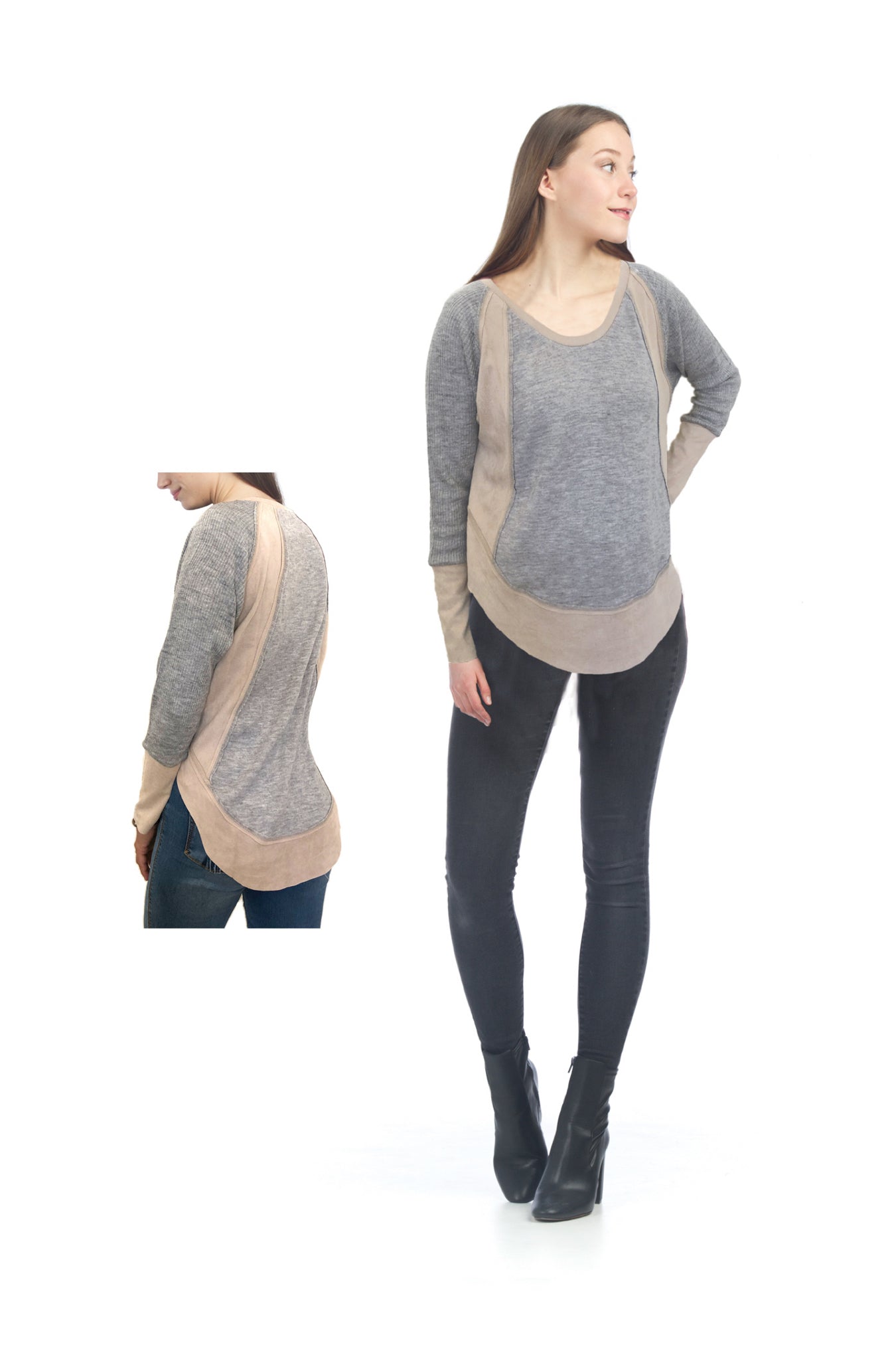 GREY Long Sleeve Knit Top with Suede Panels