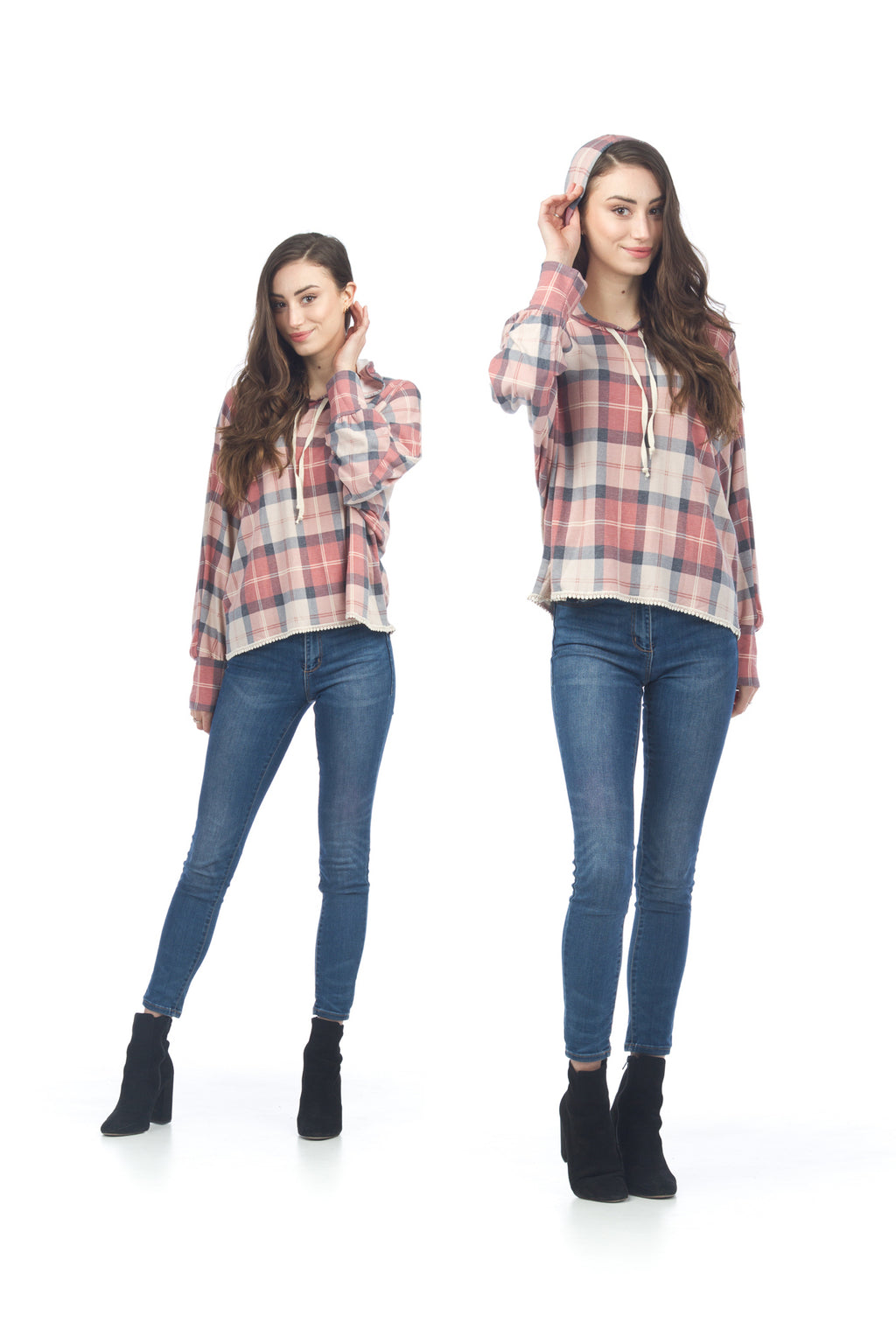 BLUE Plaid Hoody Pullover with Lace Trim