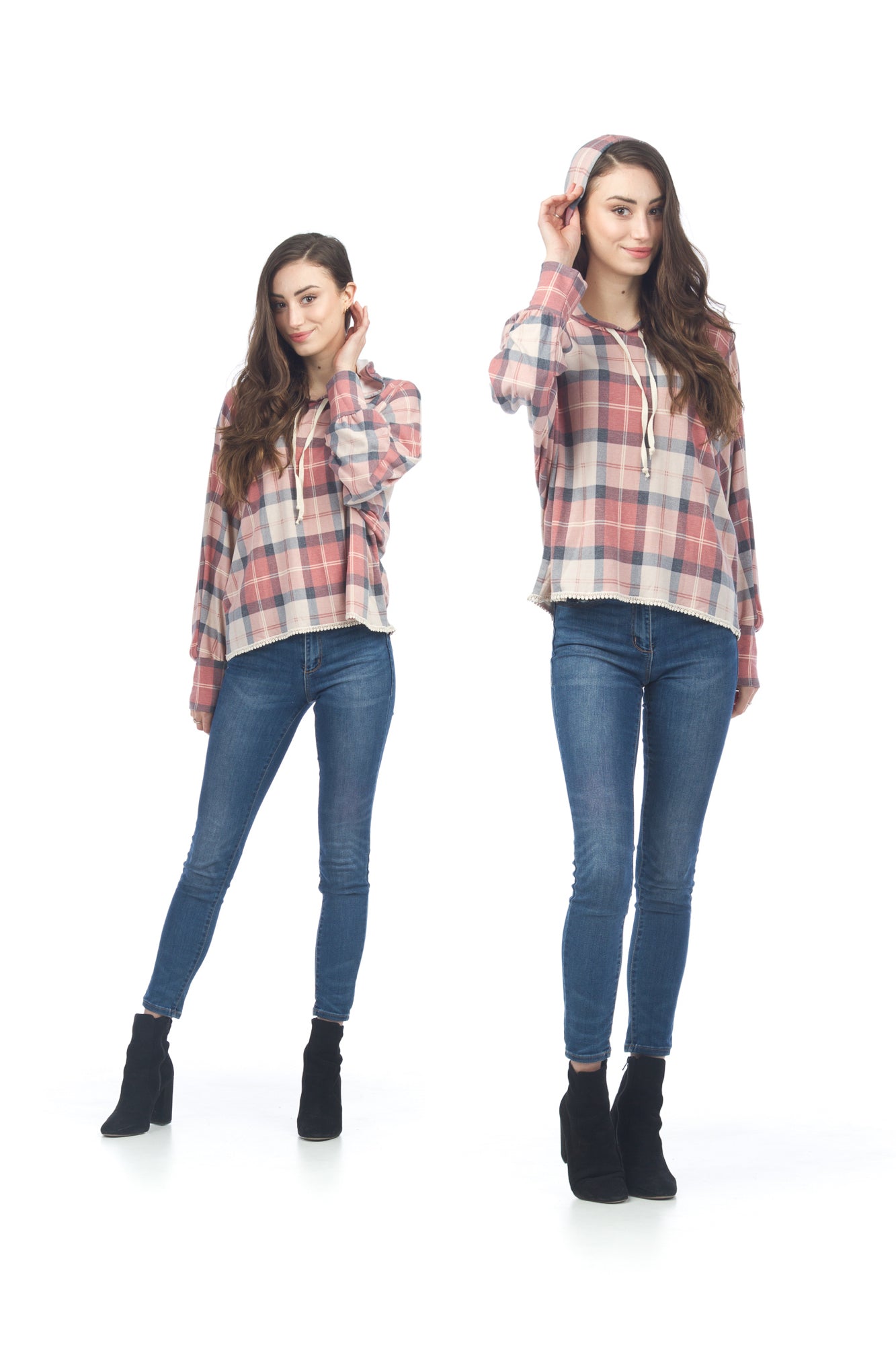 BLUE Plaid Hoody Pullover with Lace Trim