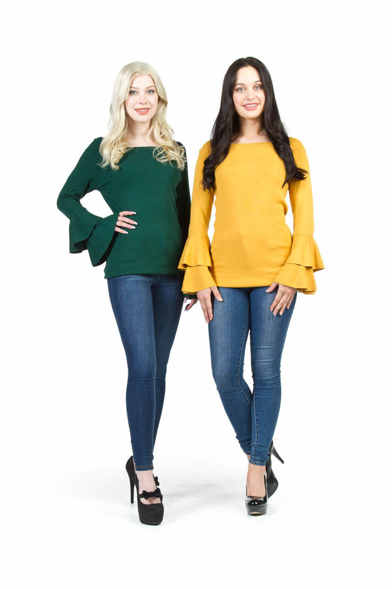 RUST Boat Neck Ruffle Sleeve Sweater