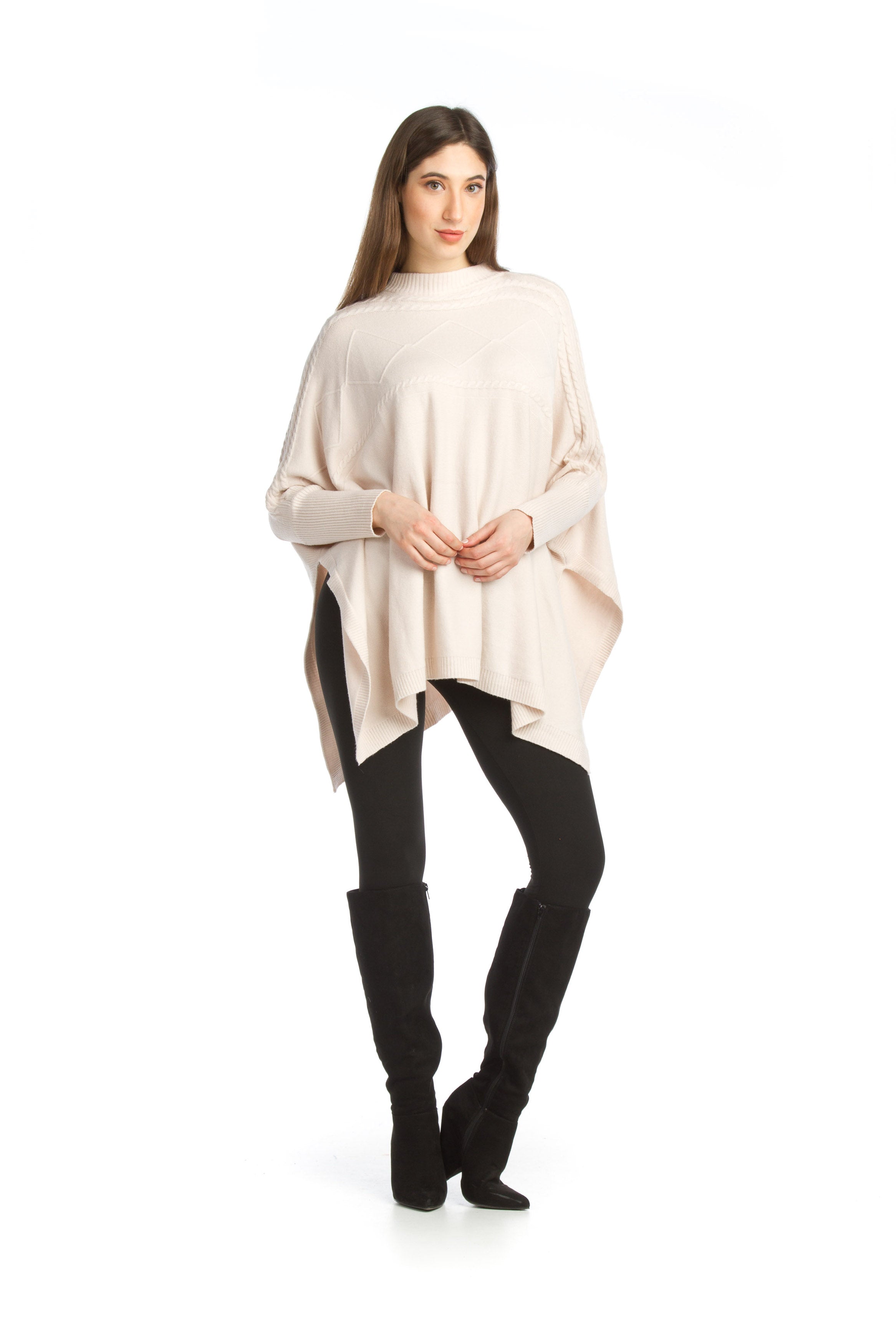 BLUSH Soft Stretchy Poncho Sweater w Cable Knit Design