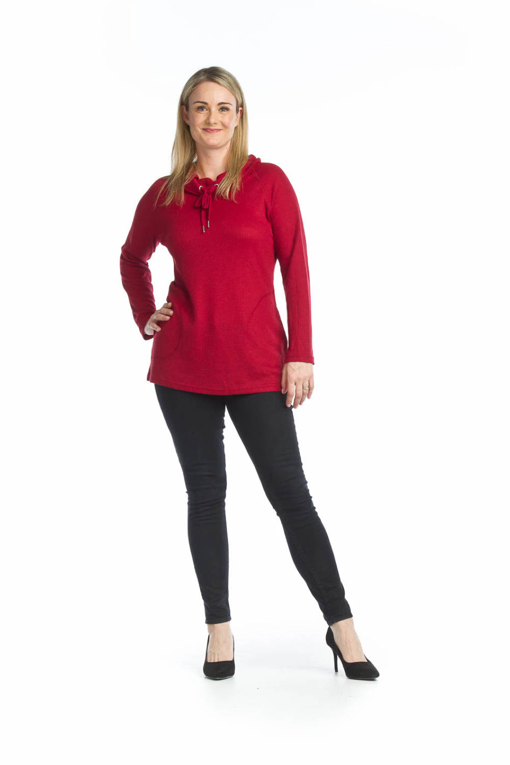 WHITE Waffle Knit Cowl Neck Tunic  with Pockets