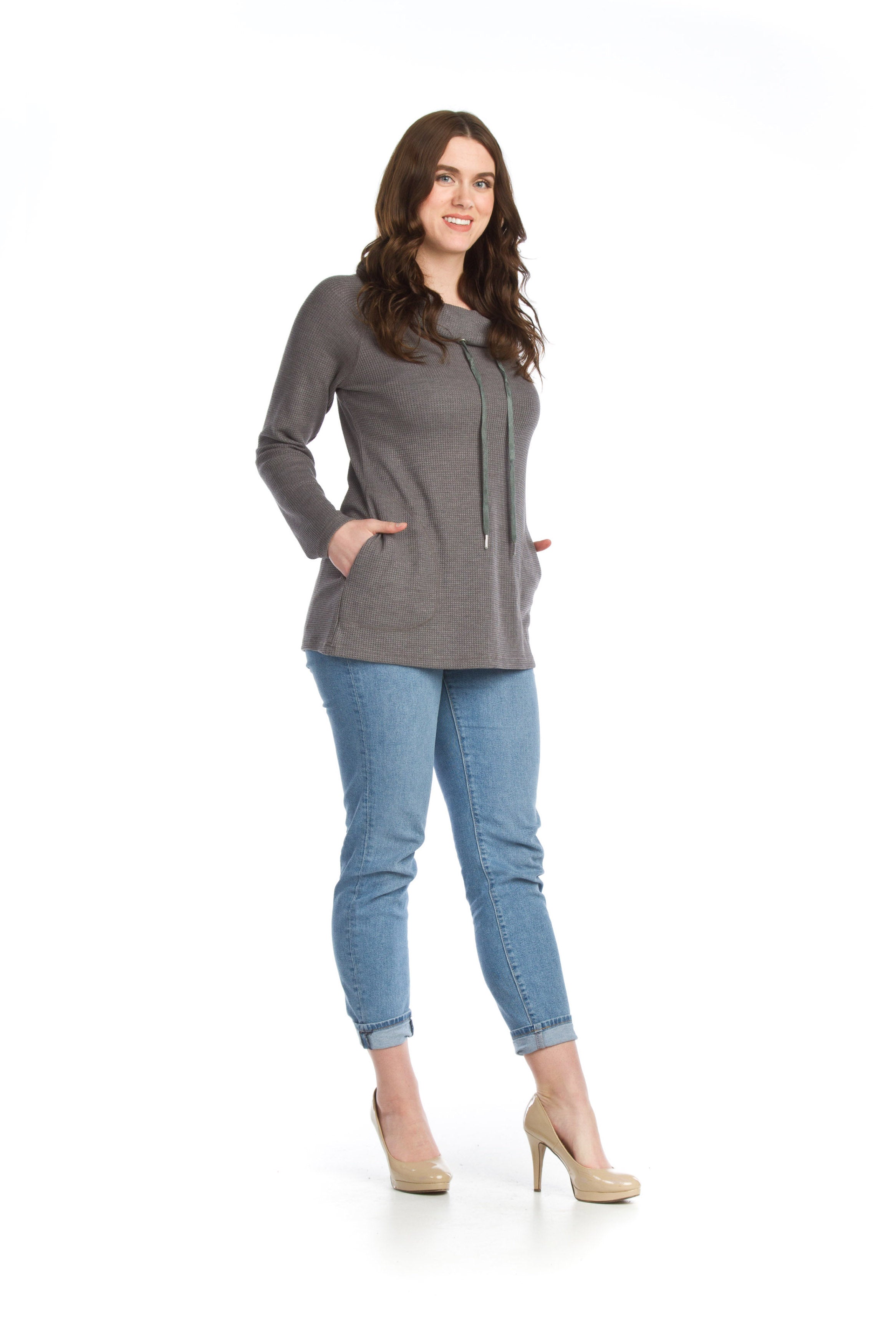 WHITE Waffle Knit Cowl Neck Tunic  with Pockets