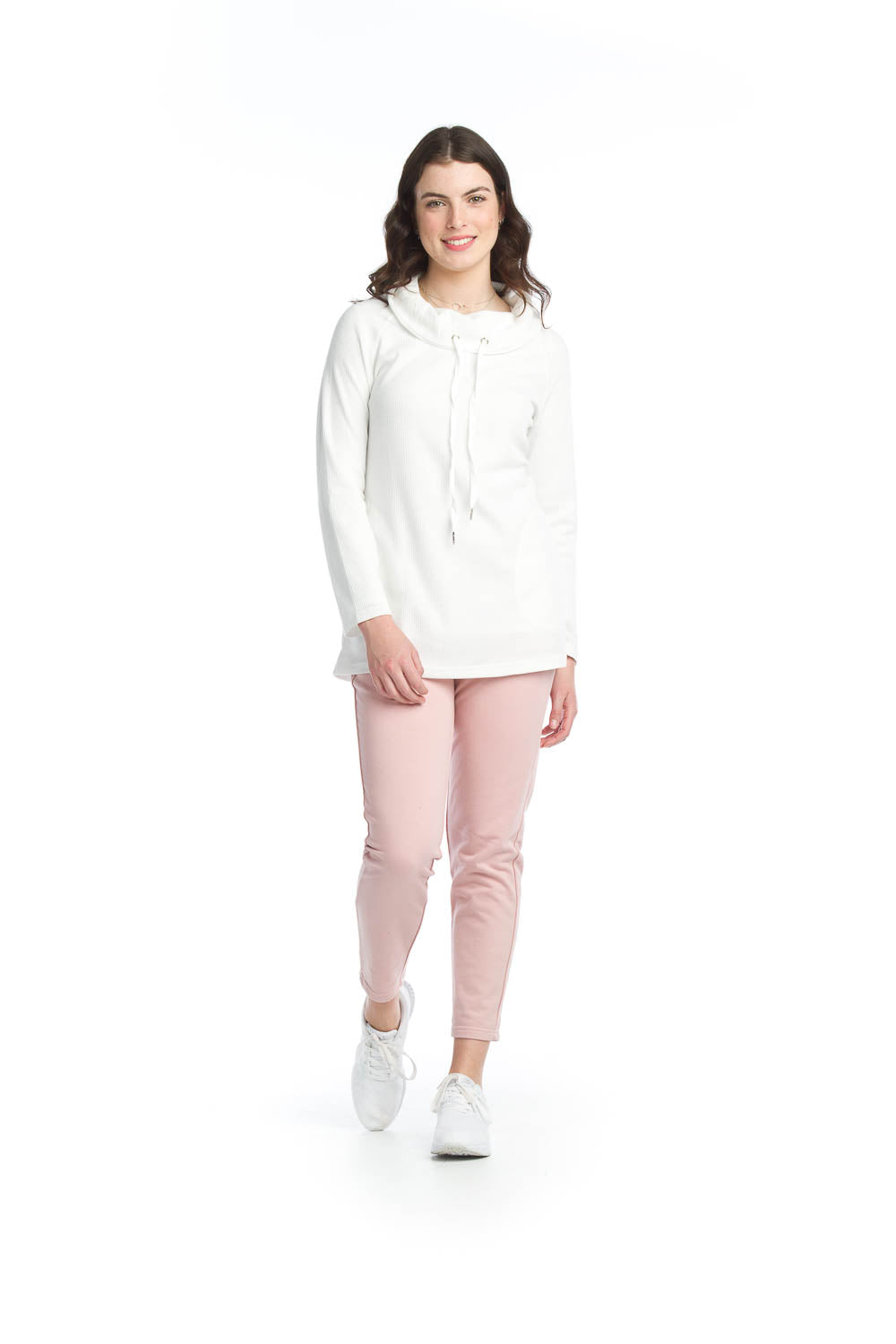 WHITE Waffle Knit Cowl Neck Tunic  with Pockets