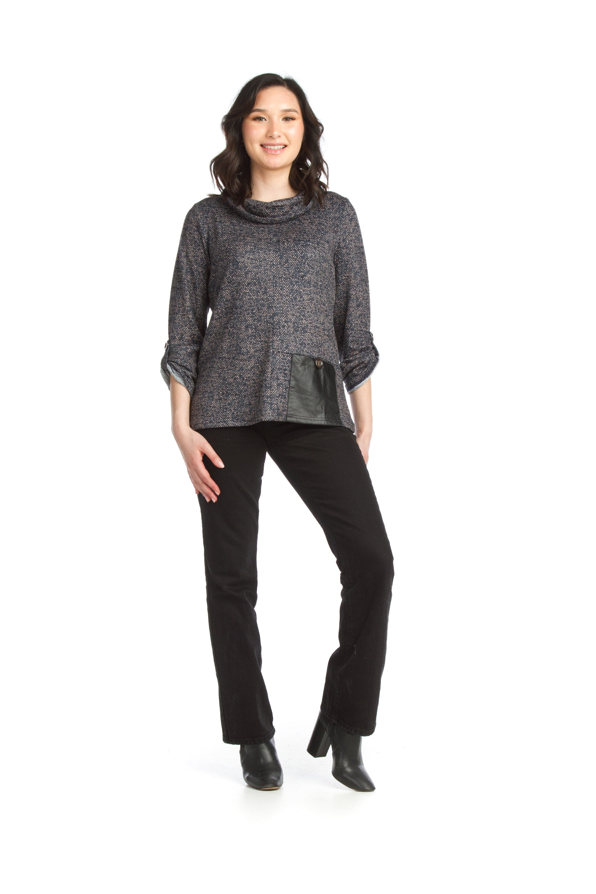 NAVY Knit Cowl Neck Tunic w Faux Leather Patch Pocket