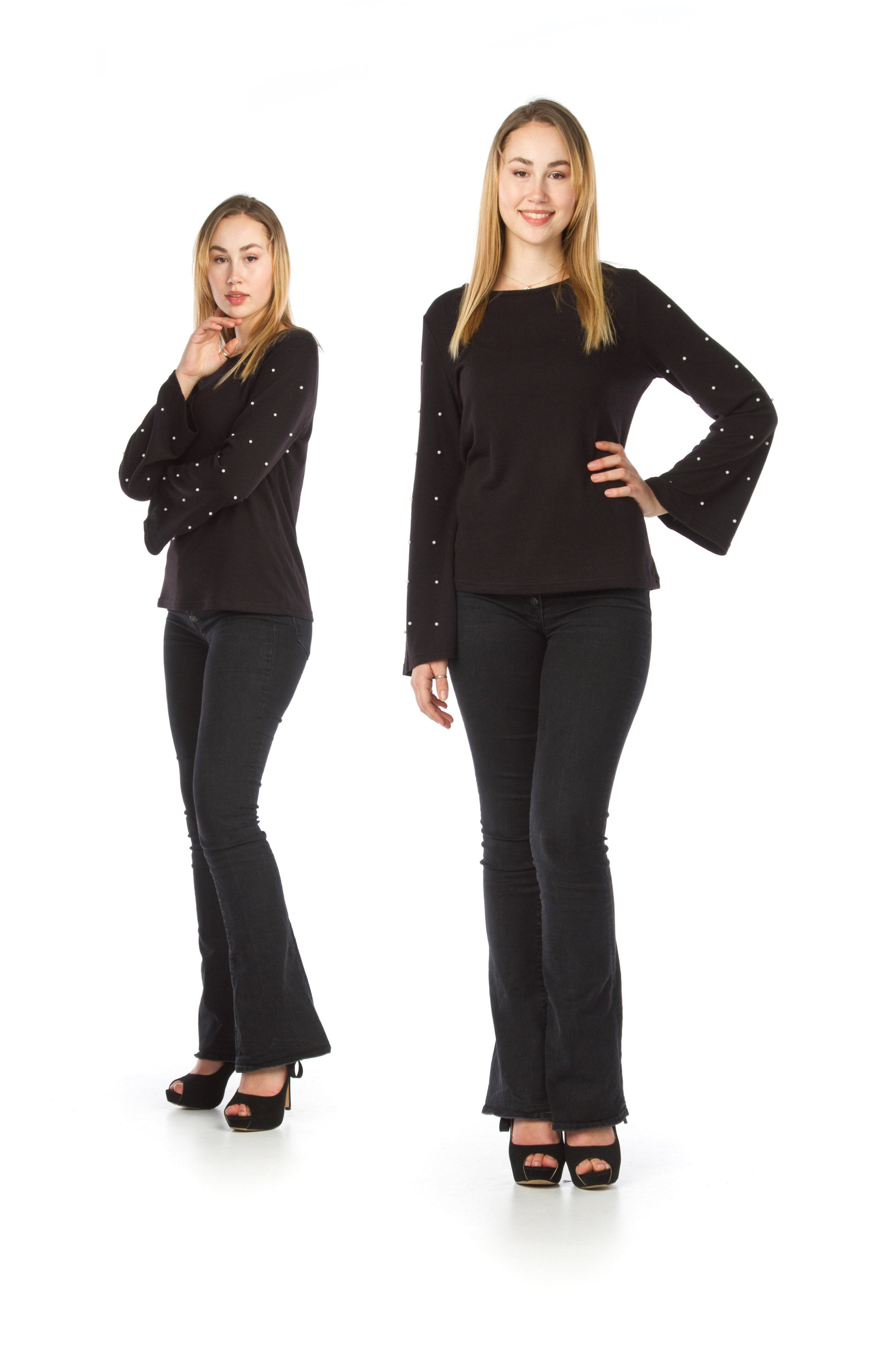 BLACK Flute Sleeve Sweater with Peal Accents
