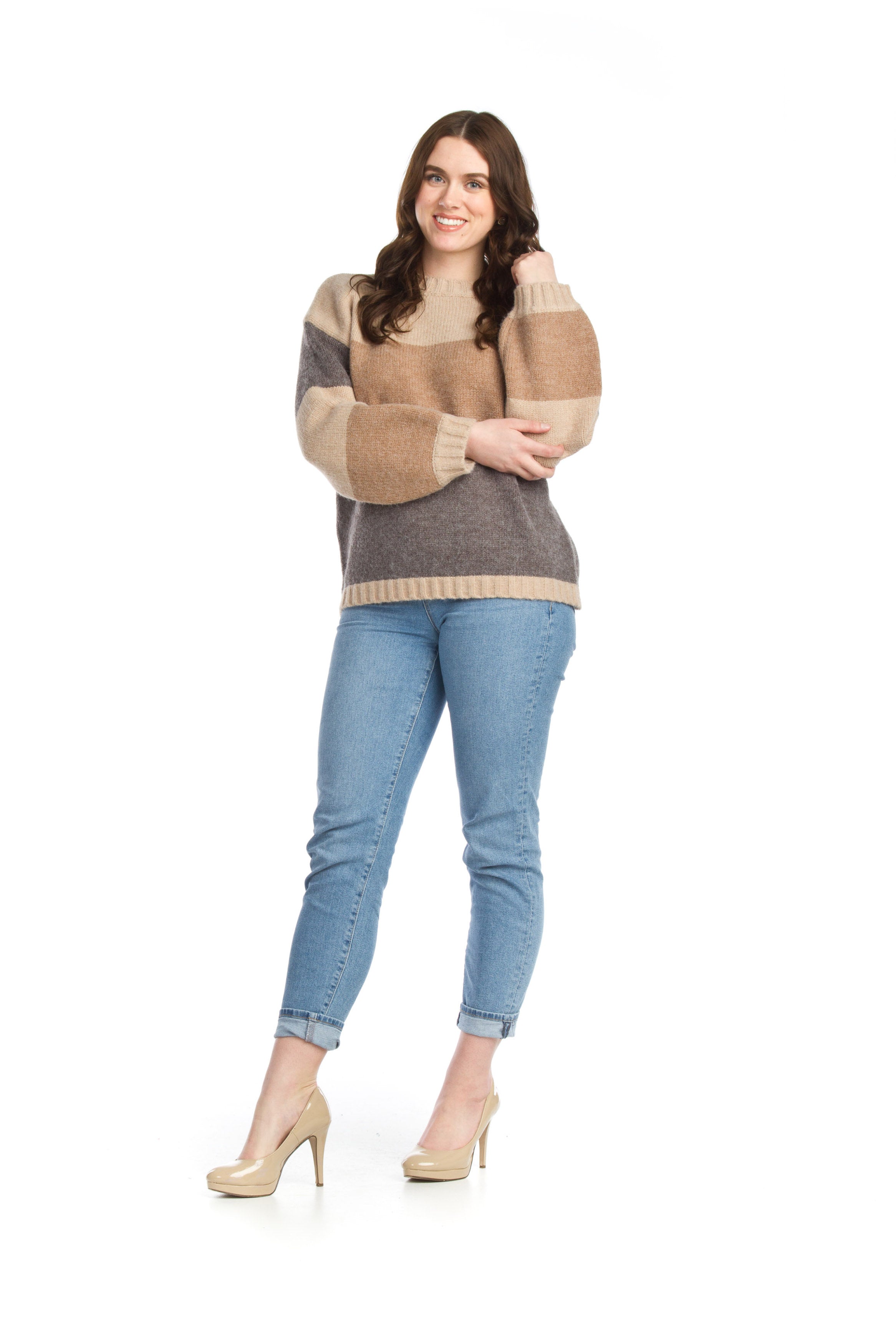 BROWN Striped Color Blocked Sweater w Baloon Sleeves