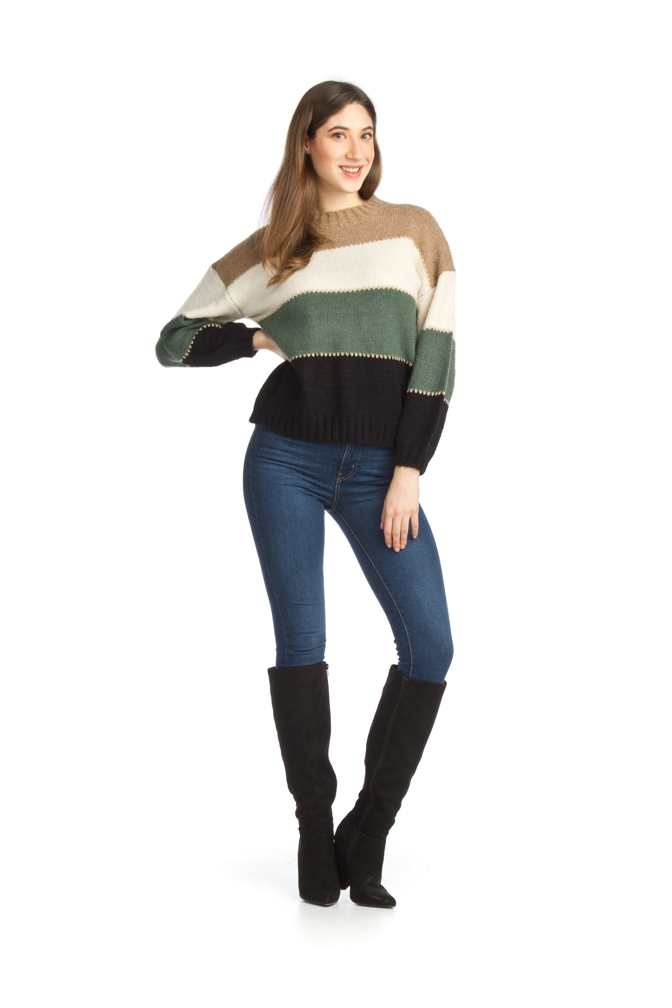 MULTI Striped Color Blocked Sweater w Baloon Sleeves