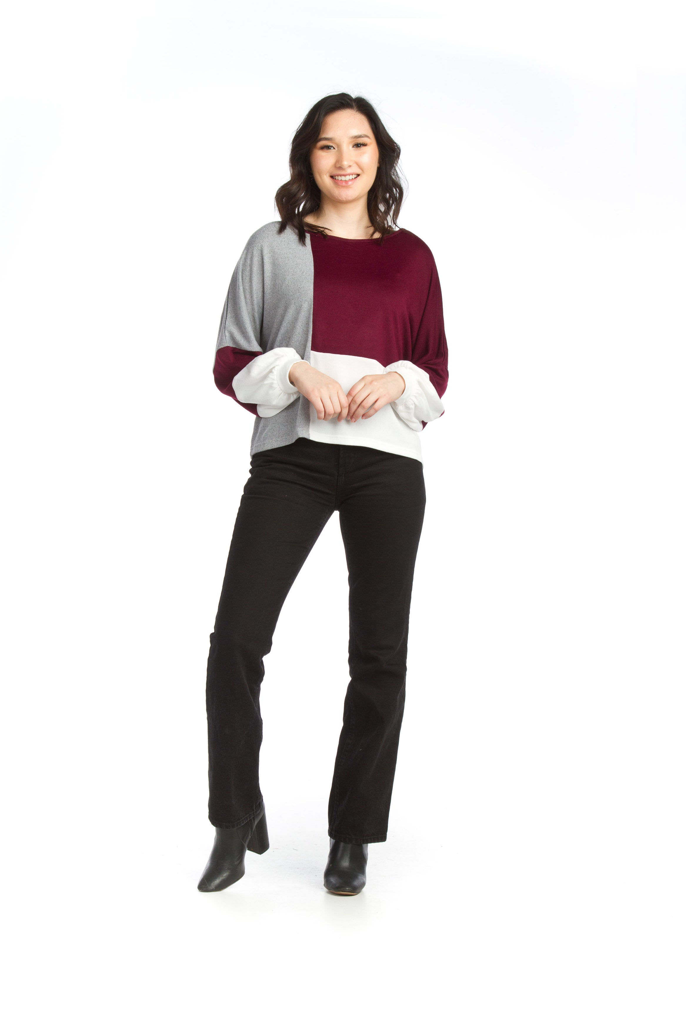 WINE Color Blocked Sweater with Baloon Sleeves