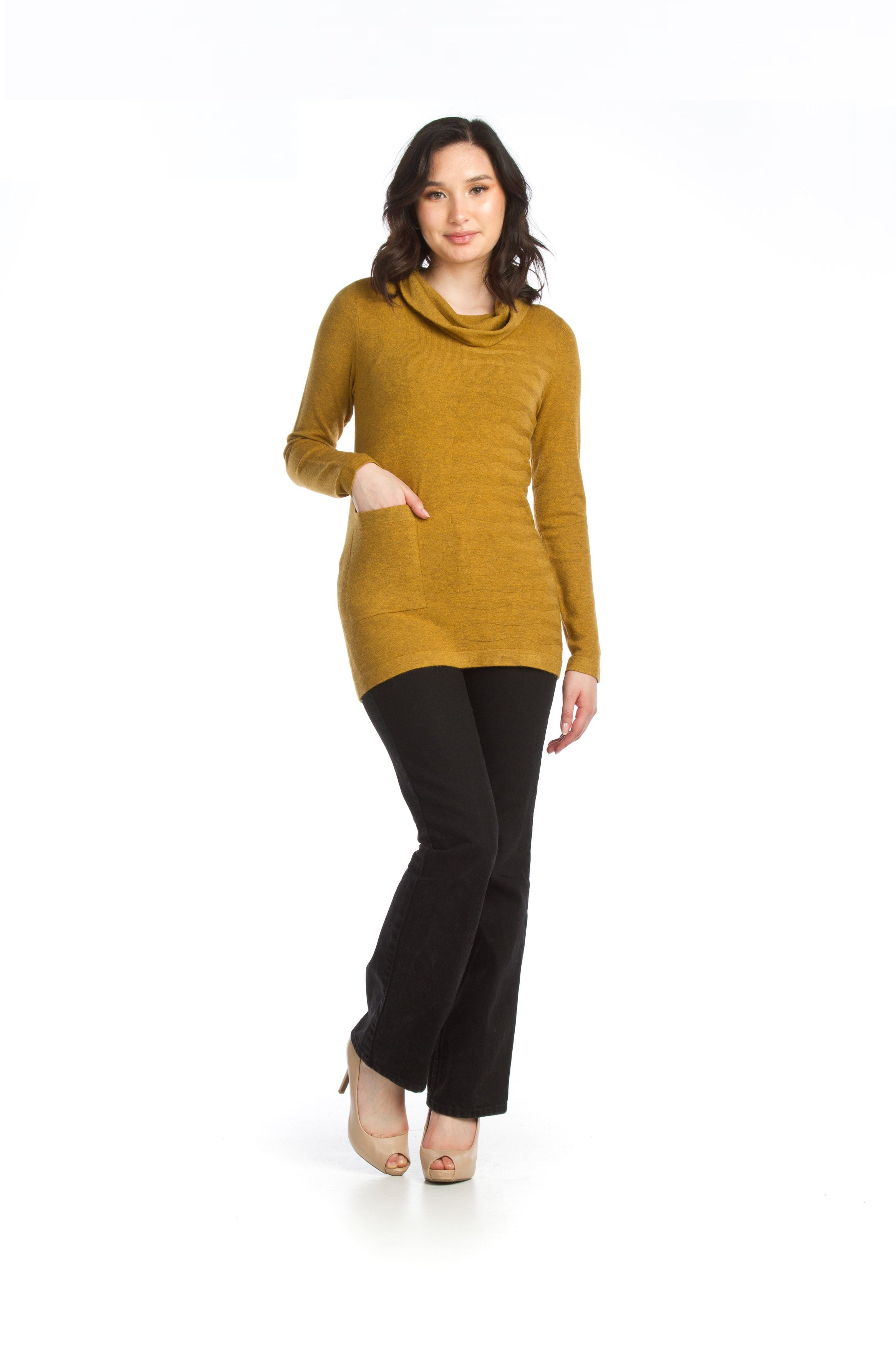 MUSTA Knit Cowl Neck Sweater w Horizontal Rib Detail