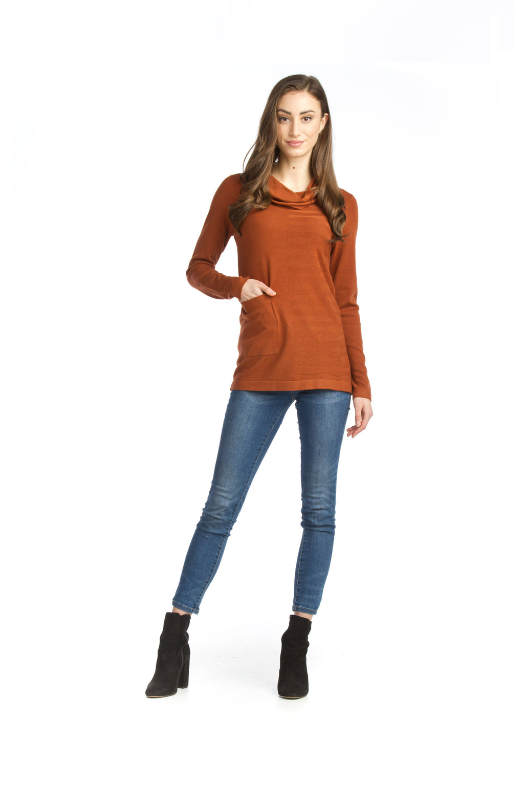 MUSTA Knit Cowl Neck Sweater w Horizontal Rib Detail