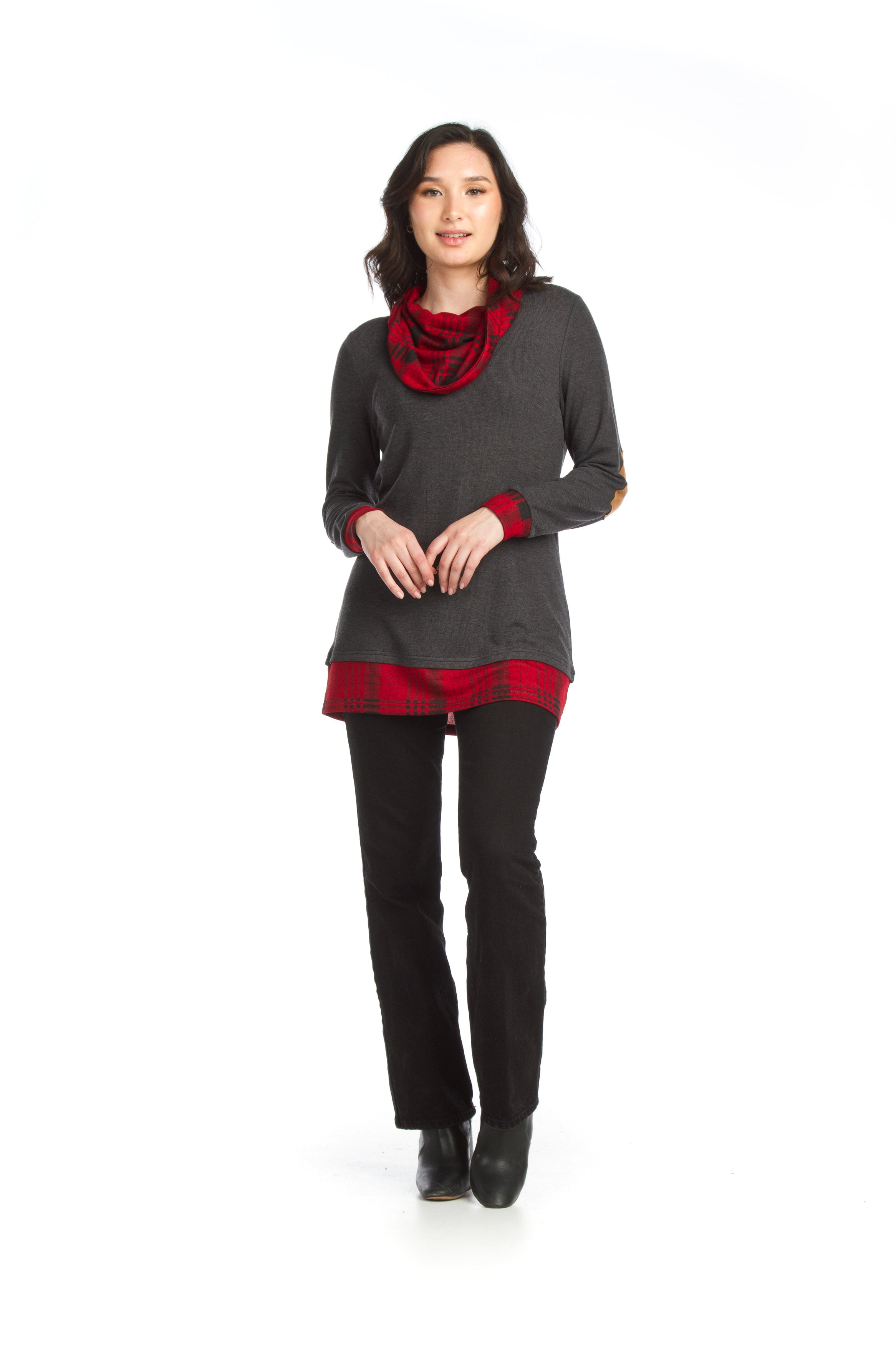 GREY Plaid Cowl Neck Tunic with Elbow Patches