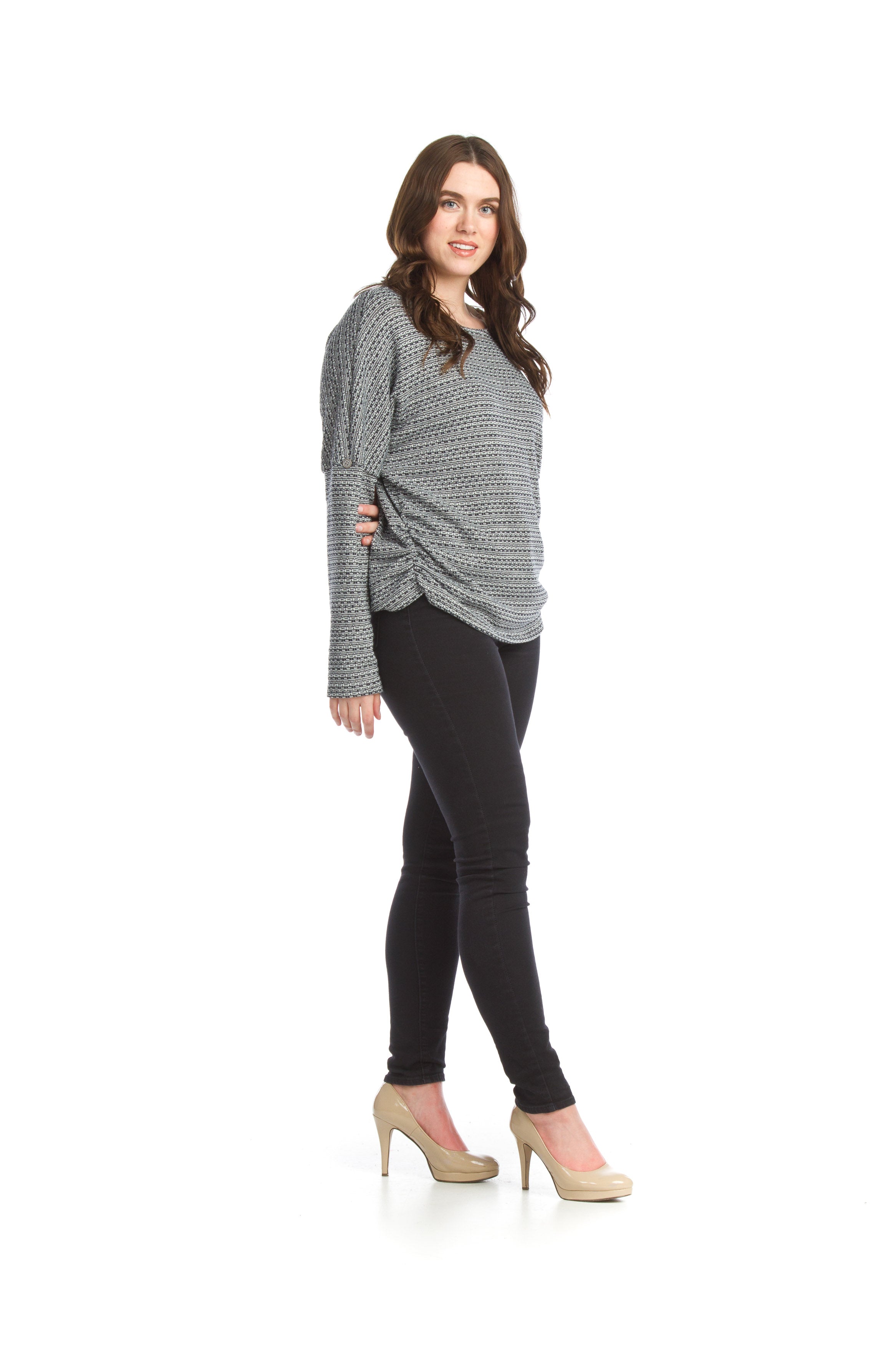 BLKWH Stretchy Heathered Sweater with Ruched Sides