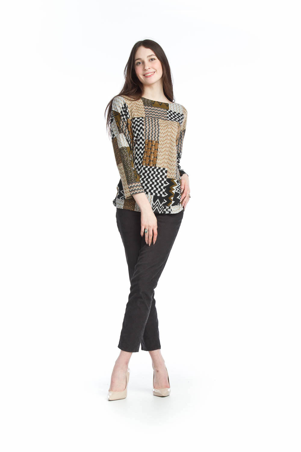 BROWN Patchwork Print Sweater with Tab Sleeves