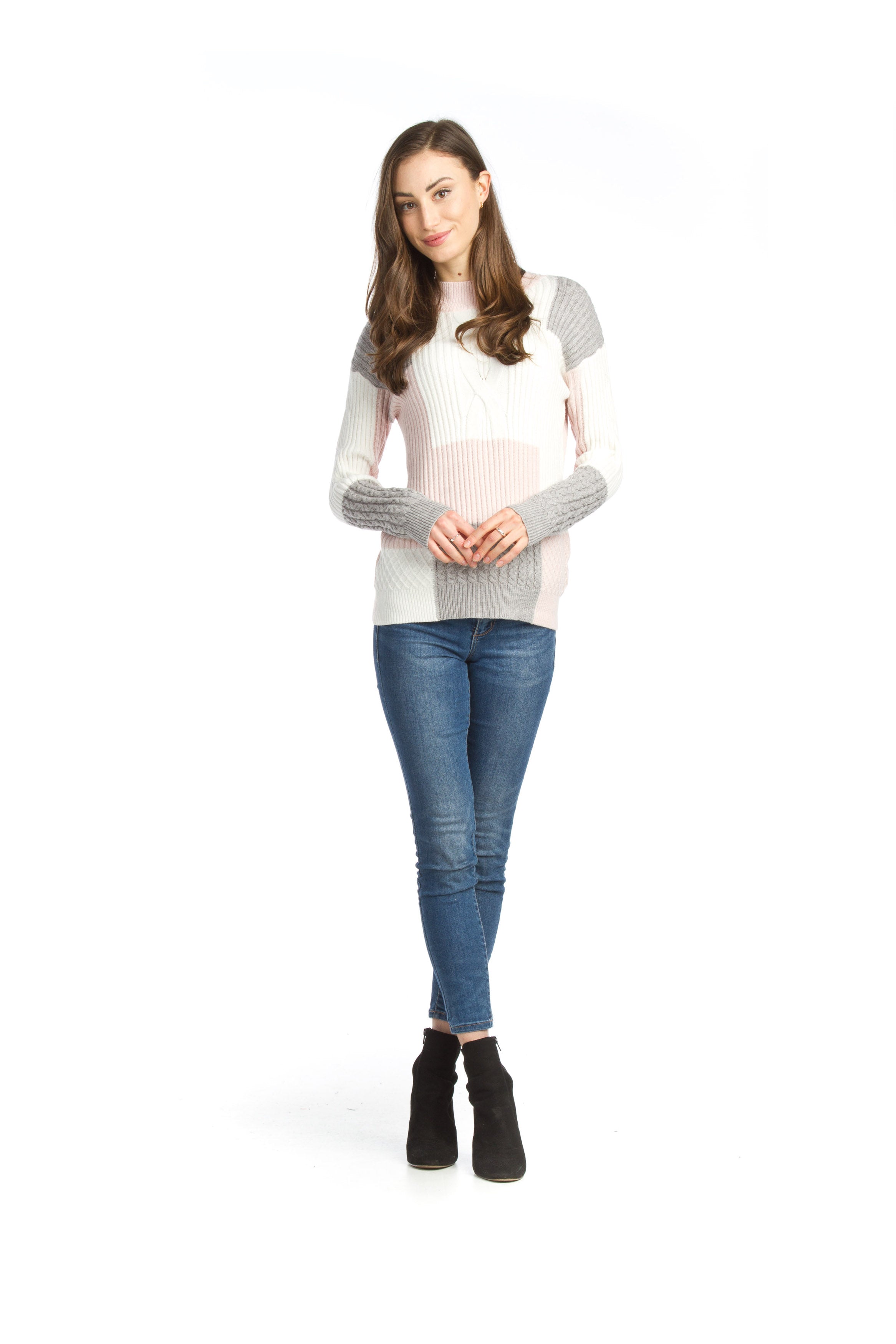 PINK Colorblocked Ribbed Mock Neck Sweater