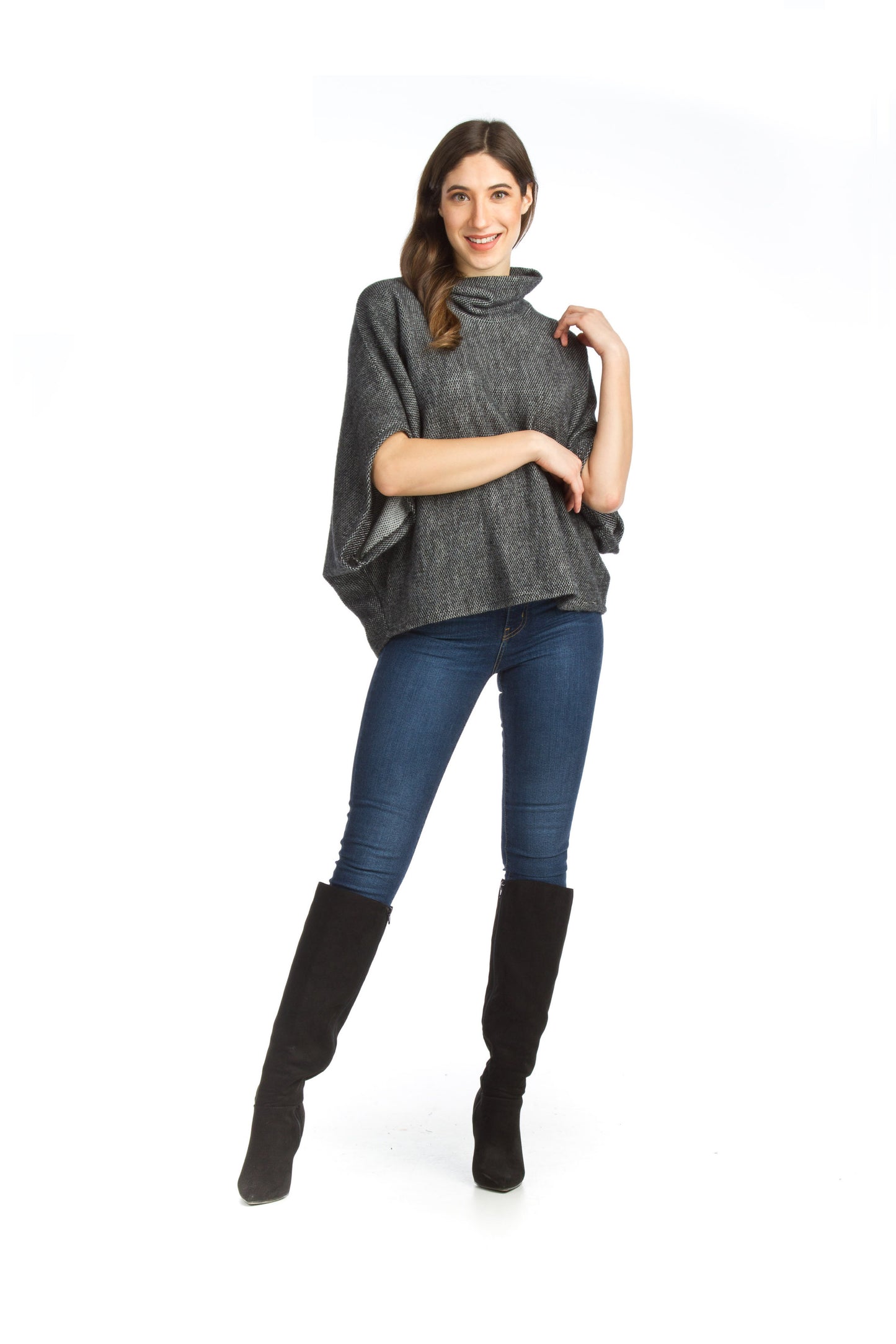 BLACK Knit Poncho Style Sweater with Cowl Neck