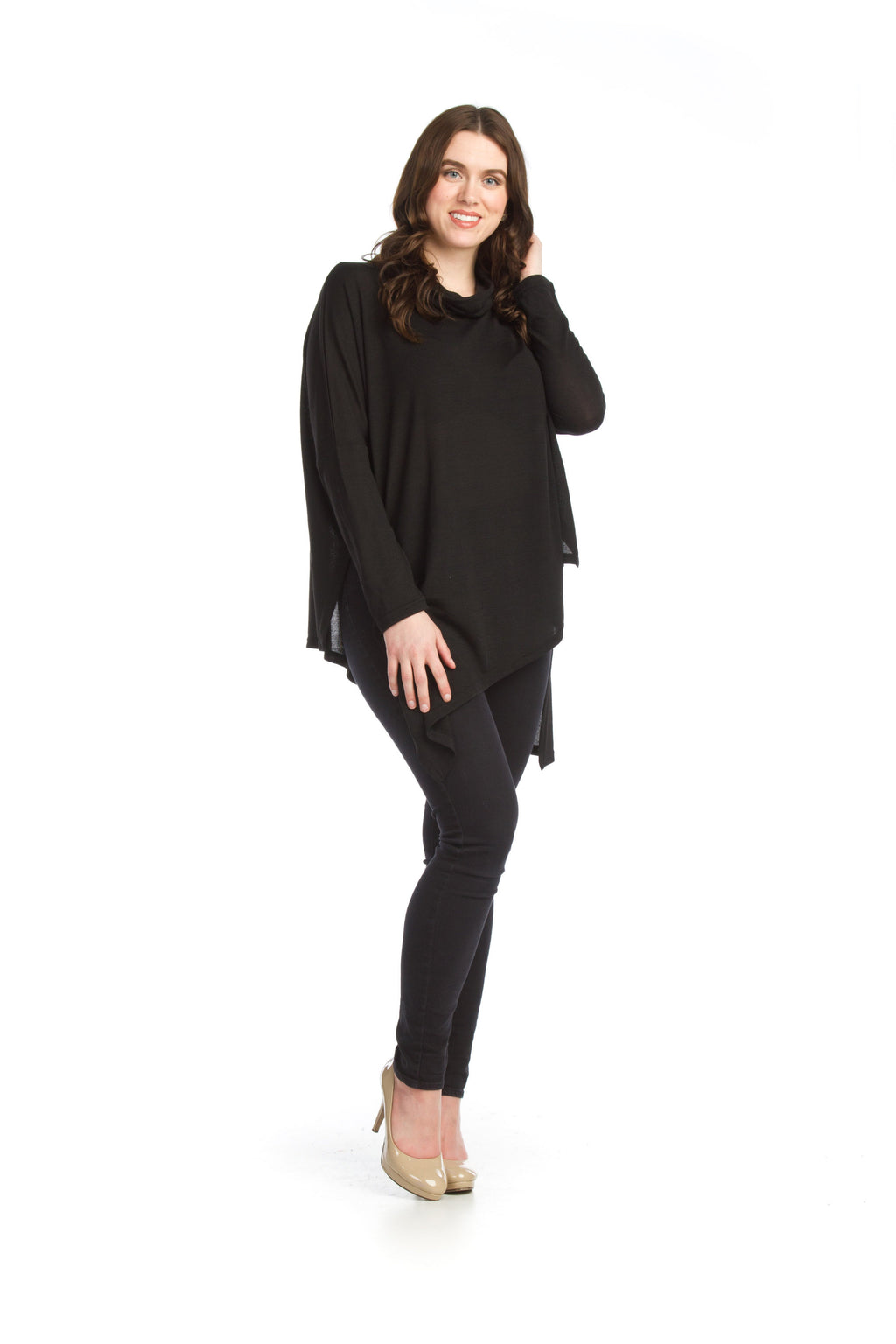 BLACK Stretchy Cowl Neck Poncho Style Sweater