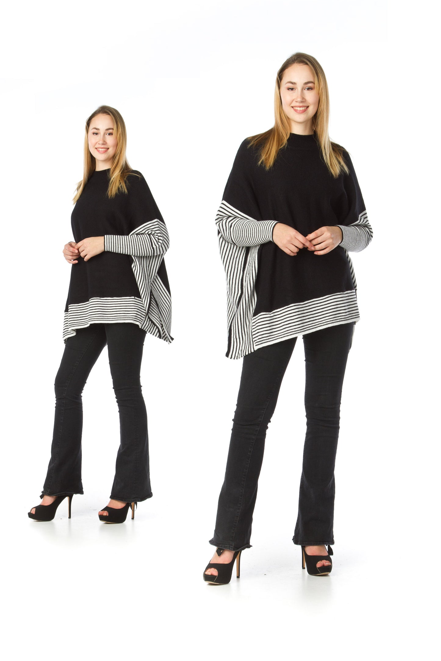 BLACK Knit Sleeved Poncho with Stripe Contrast Border