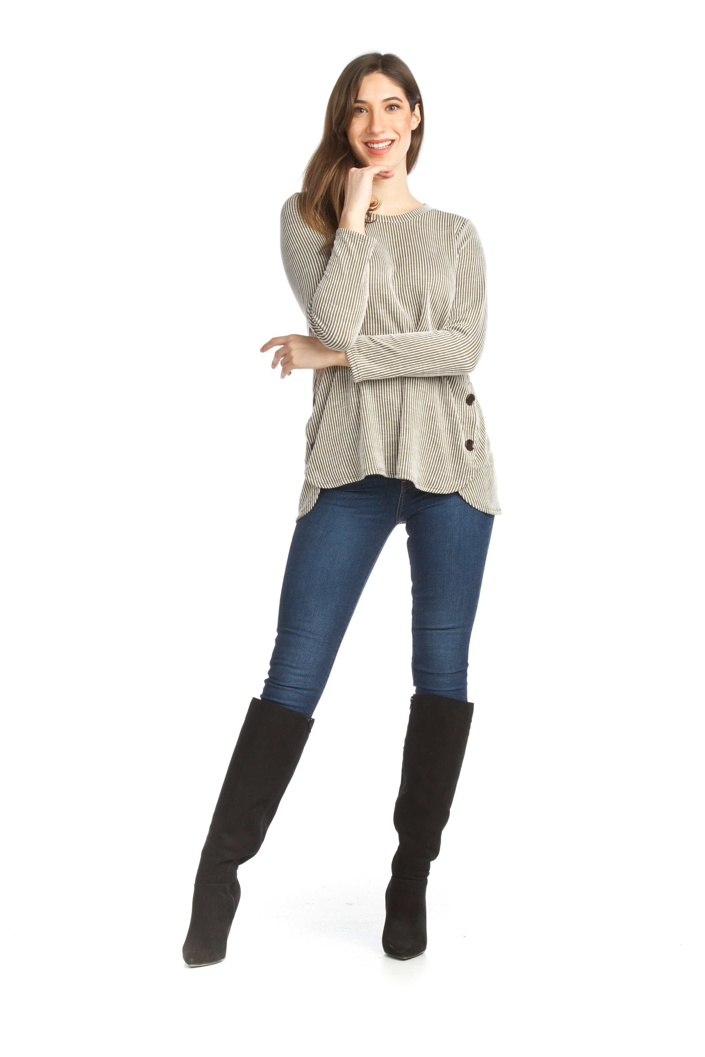 OLIVE Striped Knit Sweater with Side Button Detail