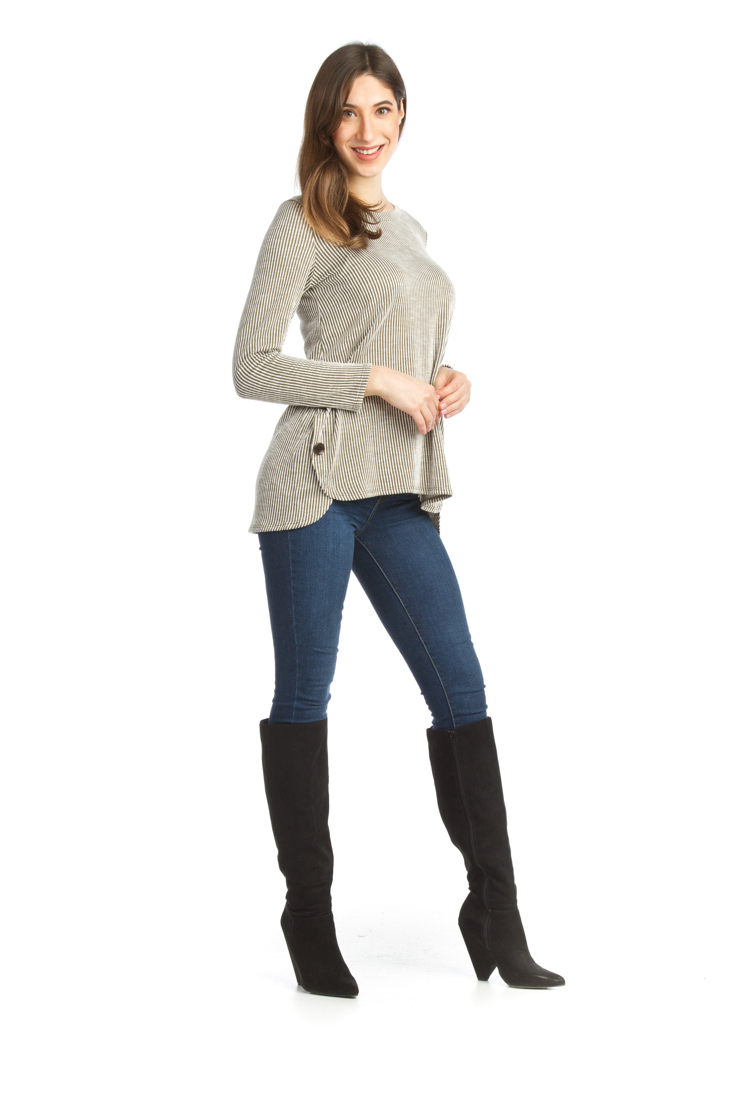 OLIVE Striped Knit Sweater with Side Button Detail