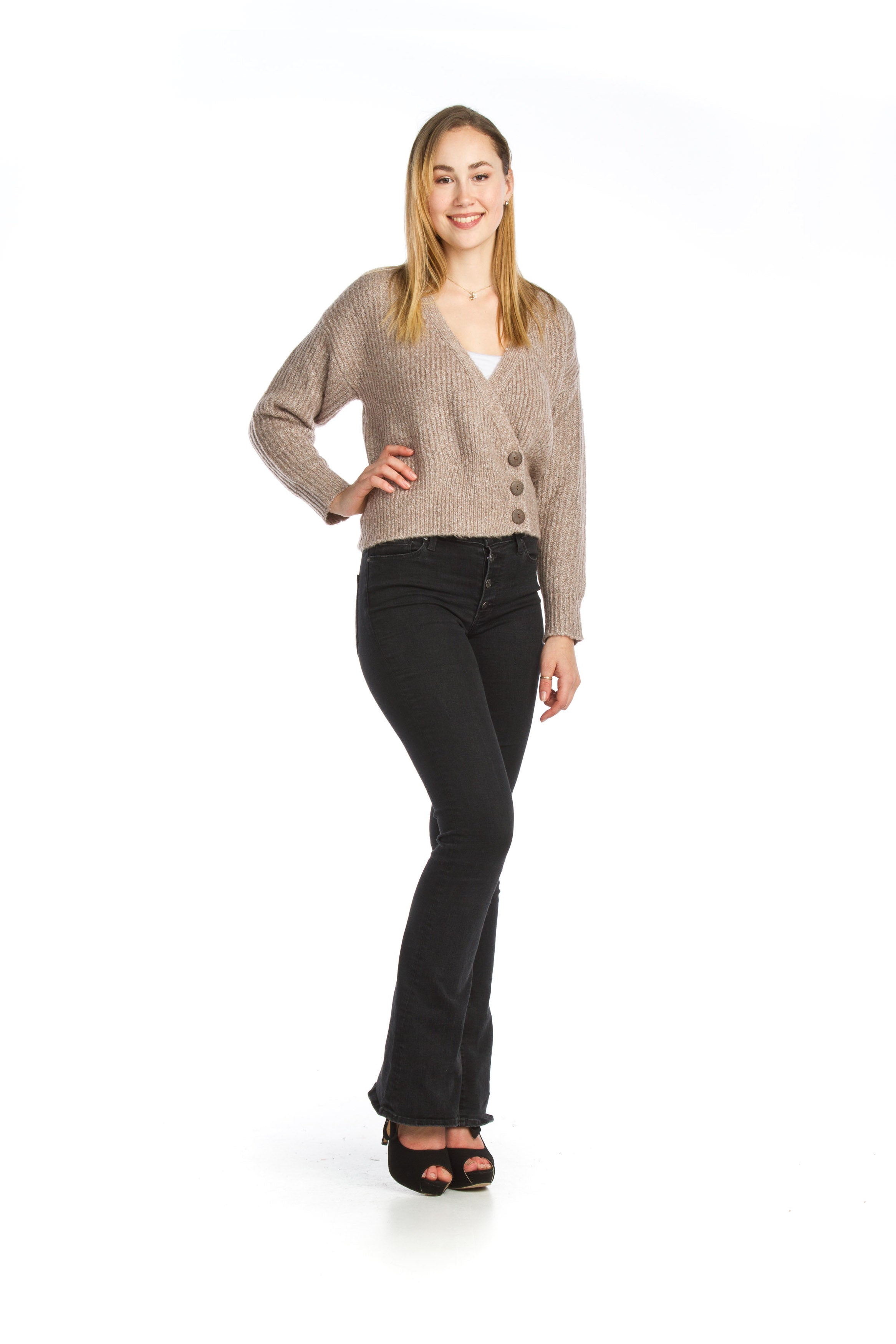 TAUPE Hethered Crop Cardi  with Coconut Buttons