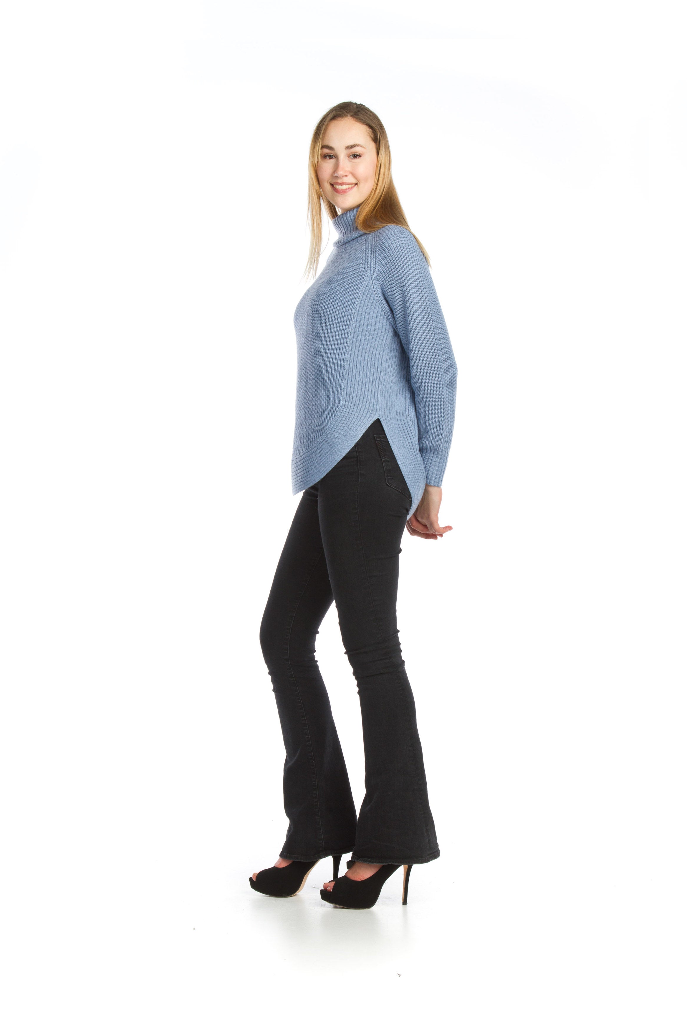 BLUE Ribbed Knit Shirt Hem Sweater with Cowl Neck