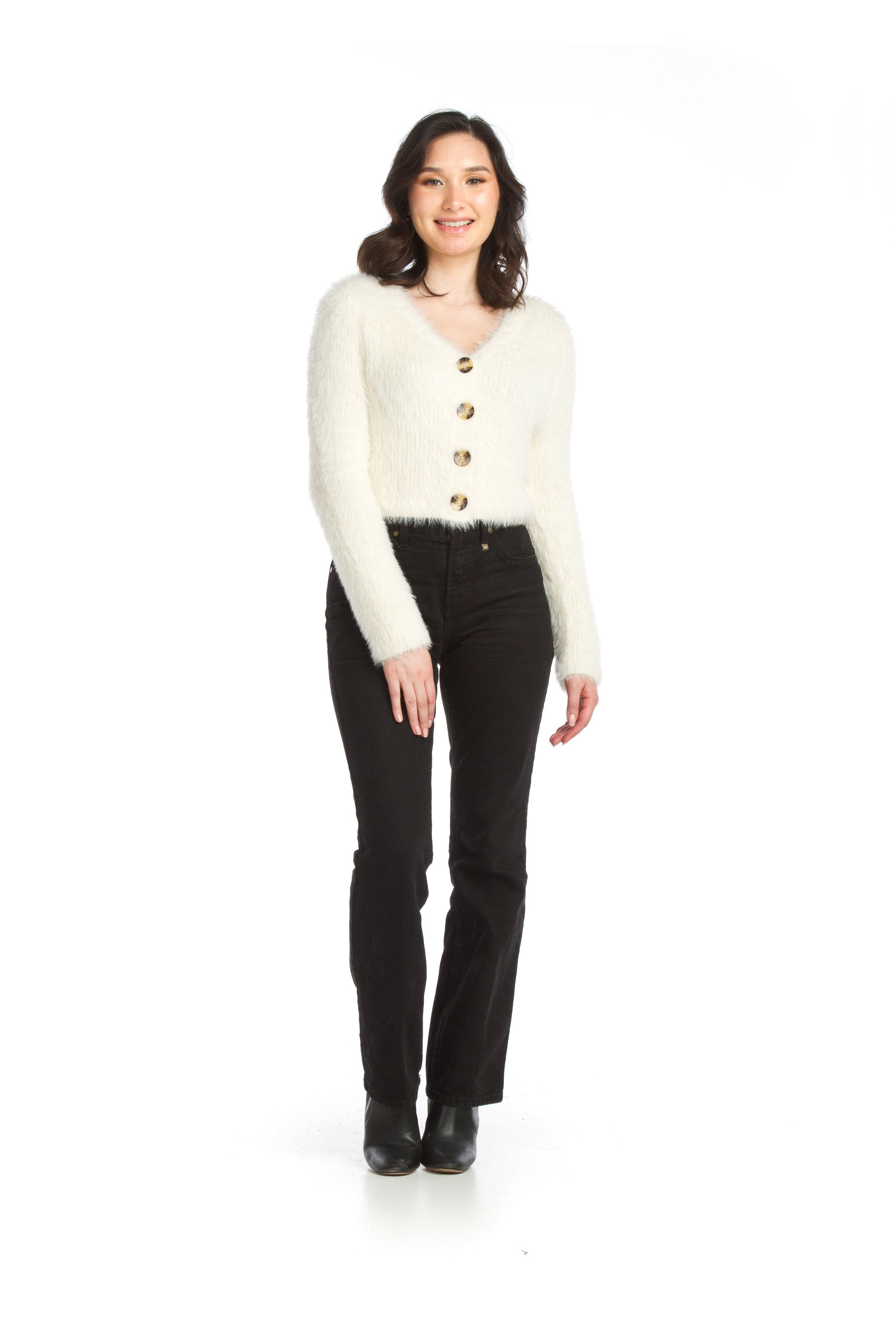 WHITE Eyelash Crop Button Front Cardigan