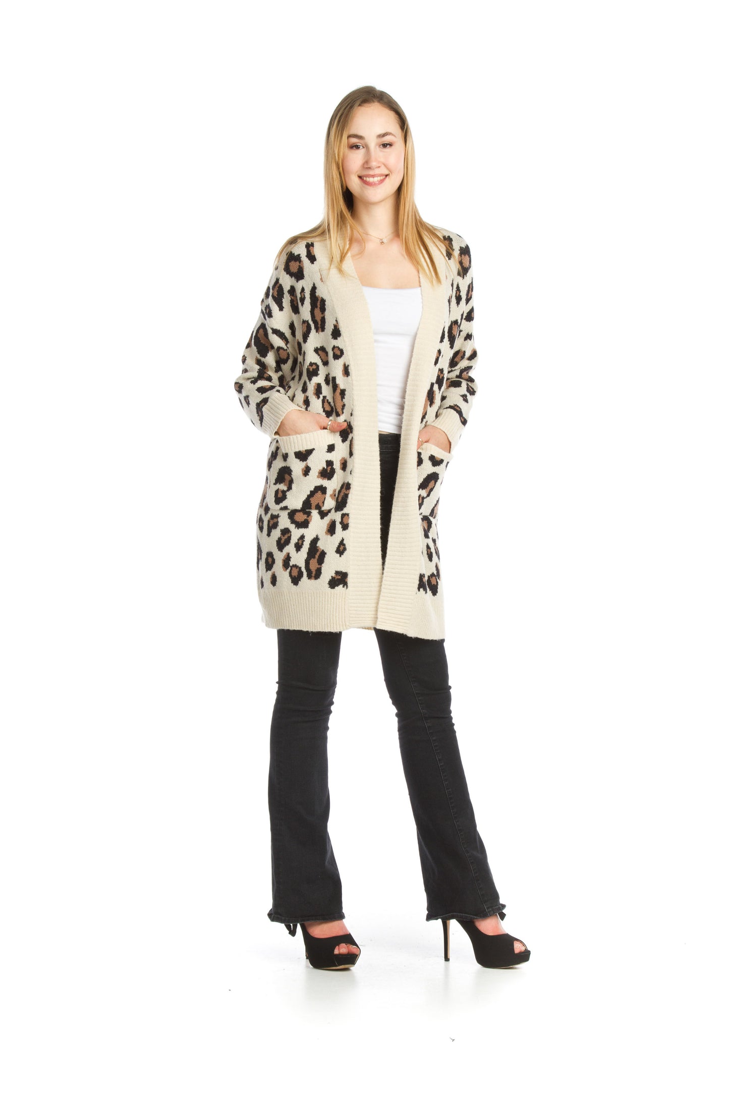 BEIGE Knit Leopard Cardigan with Patch Pockets