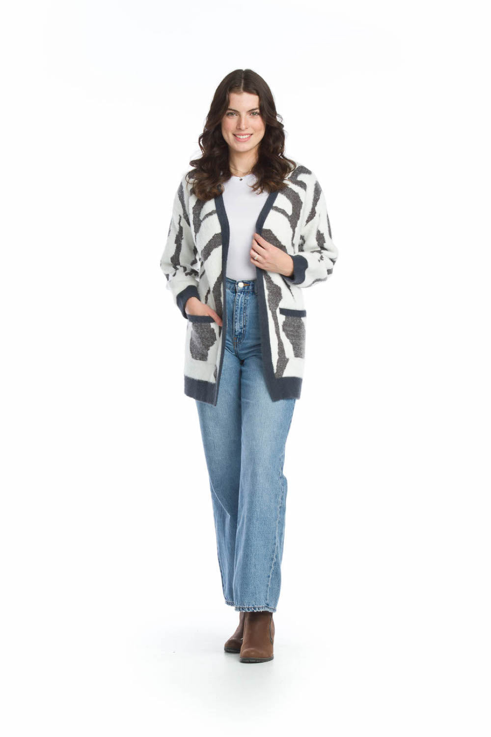 GREY Eyelash Zebra Cardigan with Patch Pockets